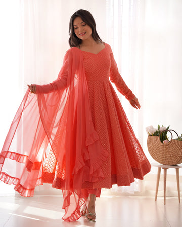 Peach Lucknowi Faux Georgette Anarkali Suit Set