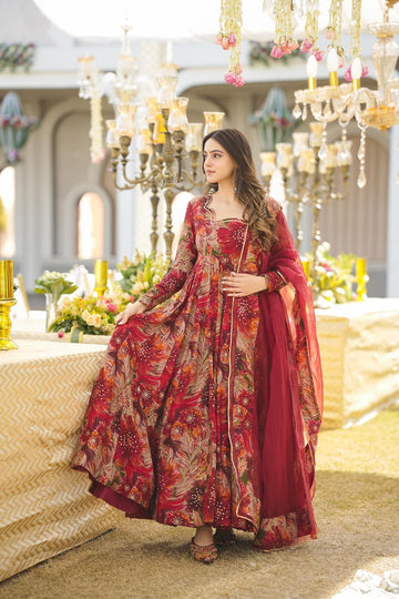 Red Rayon Anarkali Maxi Set with Organza Dupatta