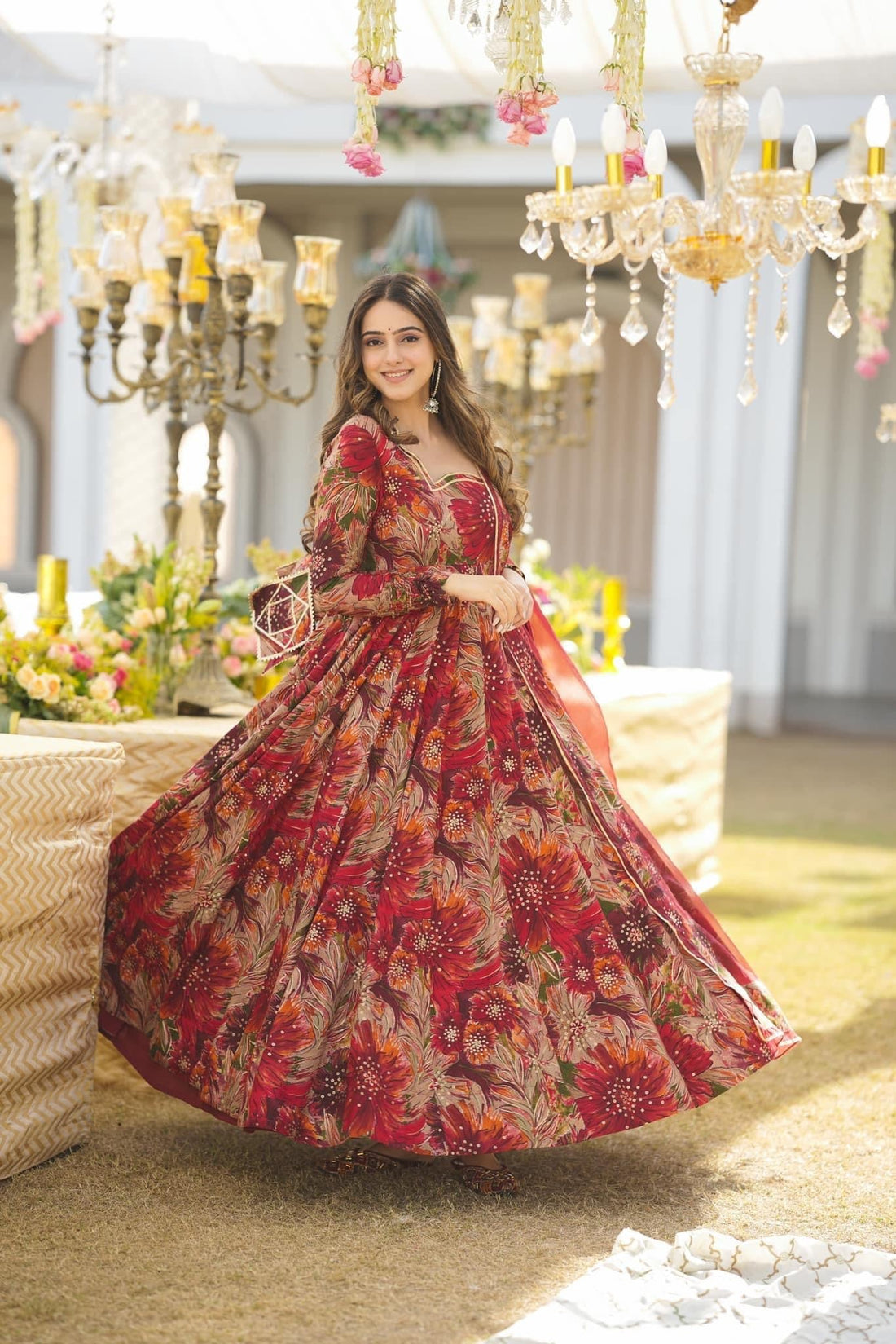 Red Rayon Anarkali Maxi Set with Organza Dupatta