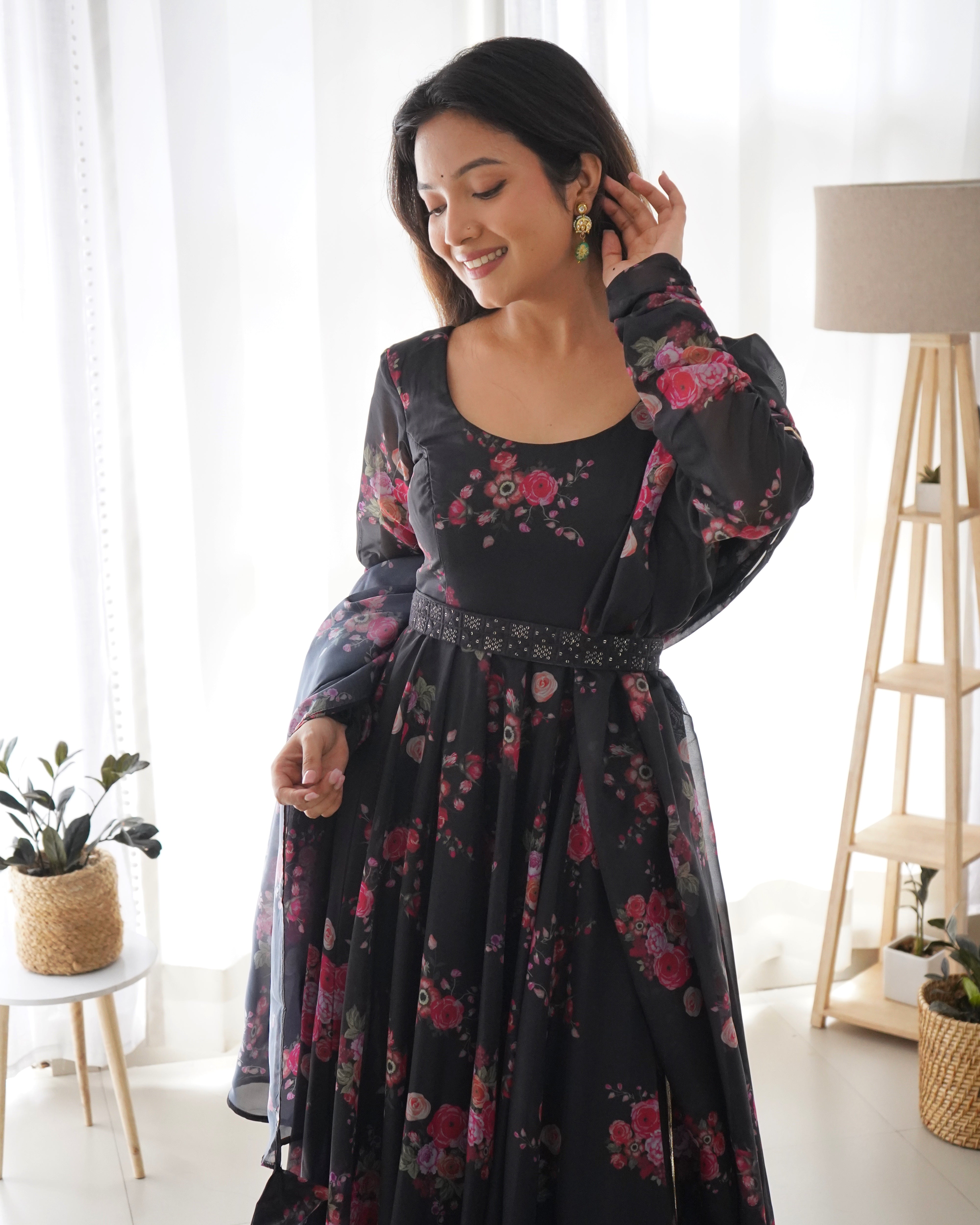 Glamorous Organza Silk Floral Printed Designer Anarkali Pant Suit