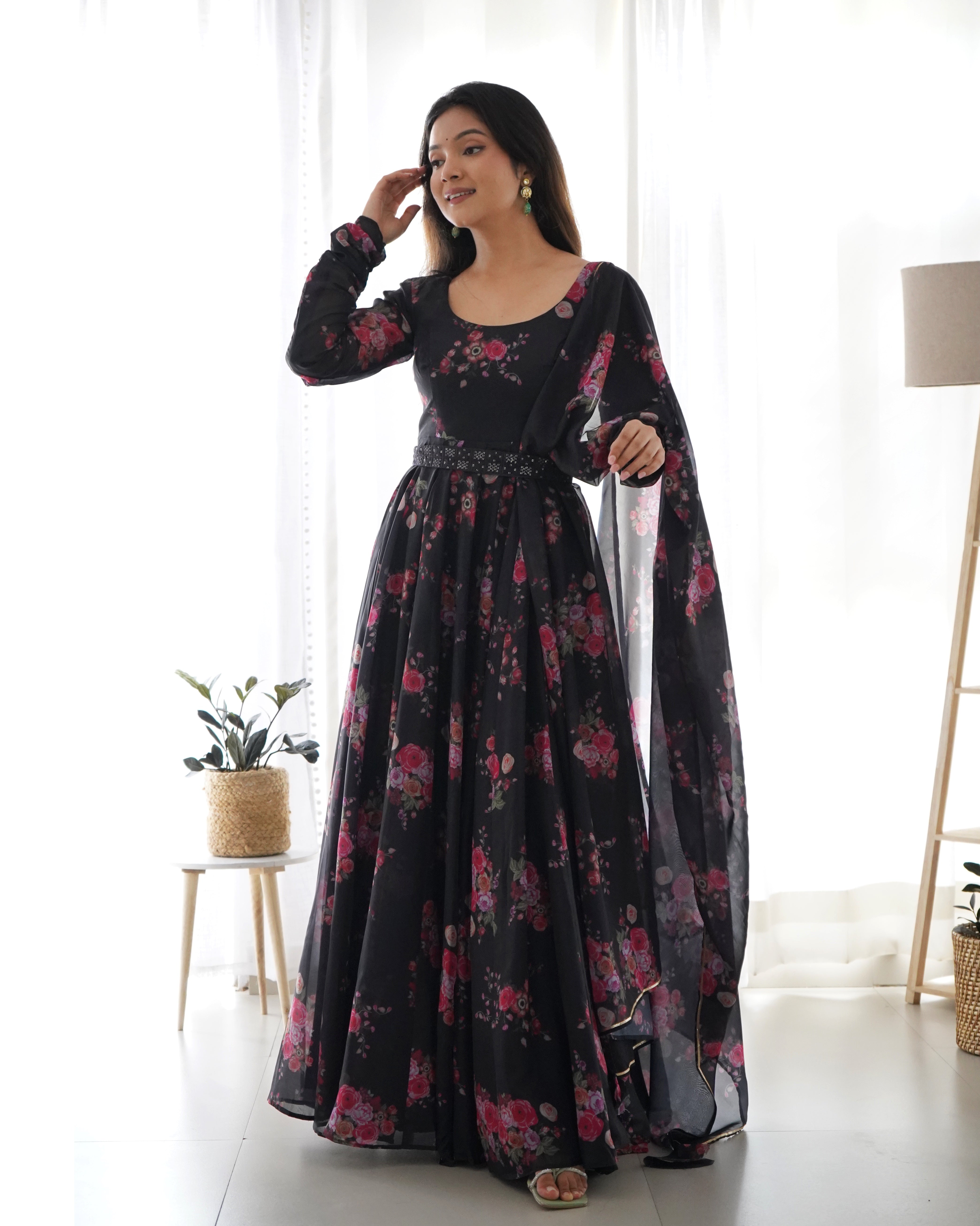 Glamorous Organza Silk Floral Printed Designer Anarkali Pant Suit