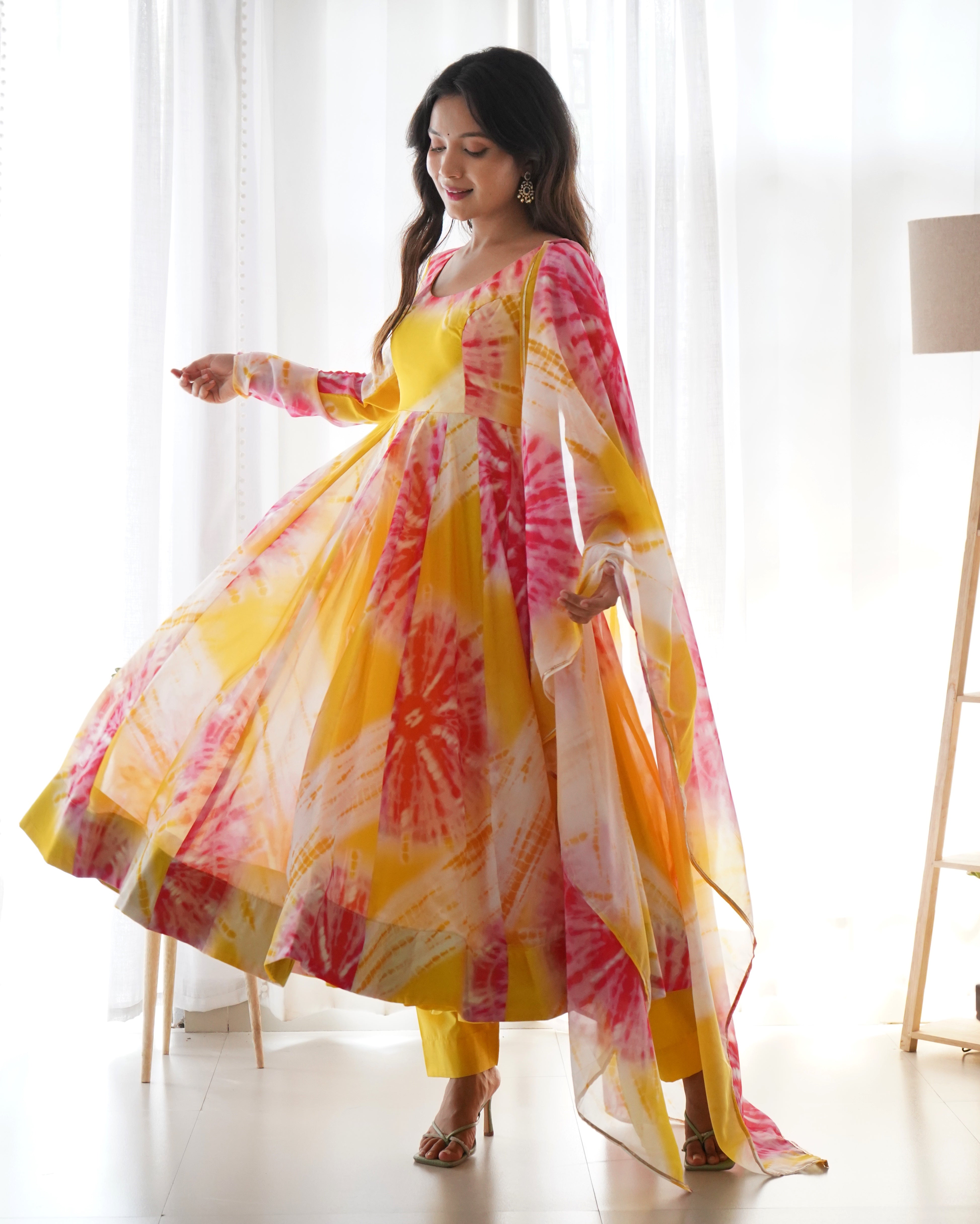 Luminous Yellow Floral Printed Fully Stitched Anarkali Pant Suit