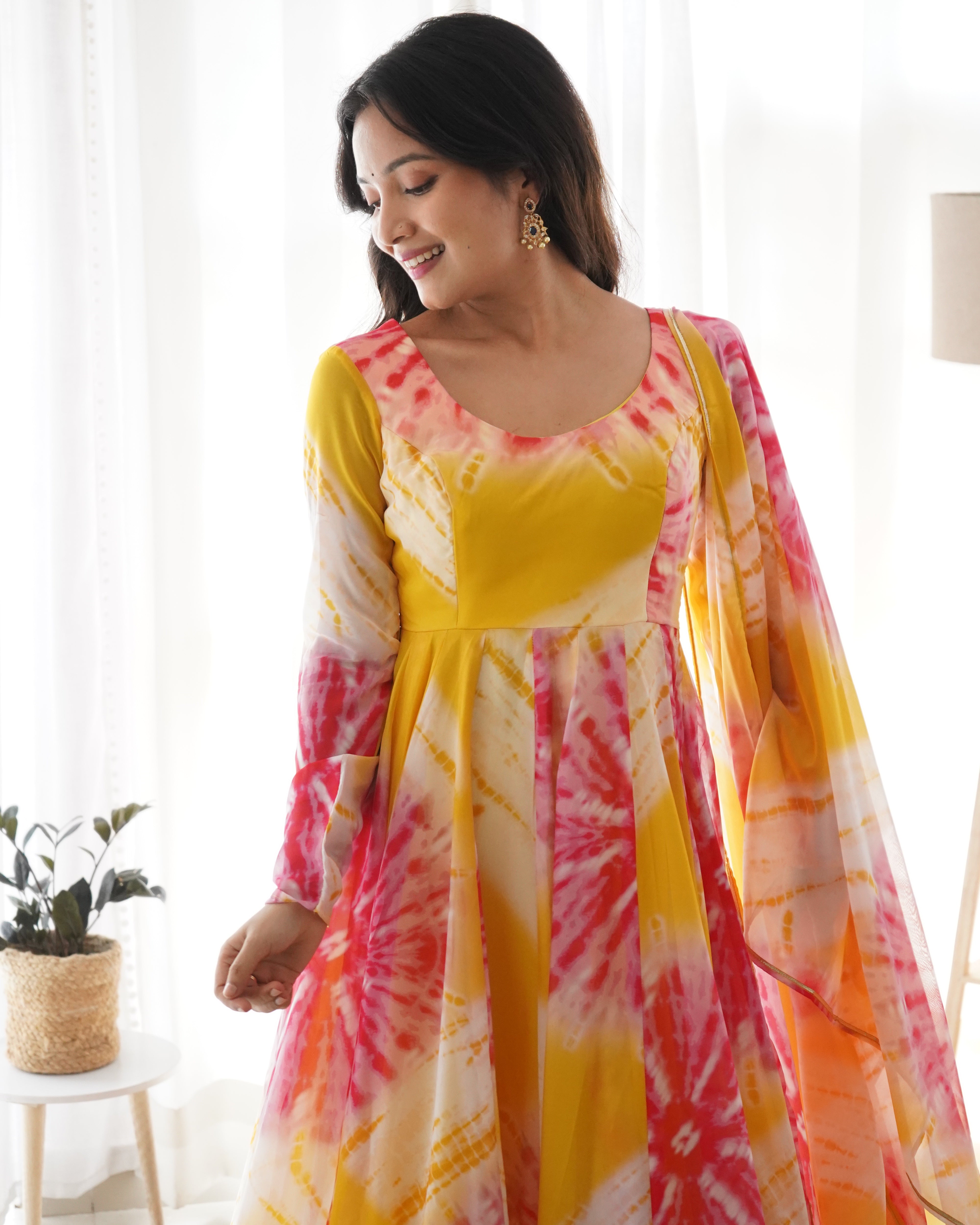 Luminous Yellow Floral Printed Fully Stitched Anarkali Pant Suit