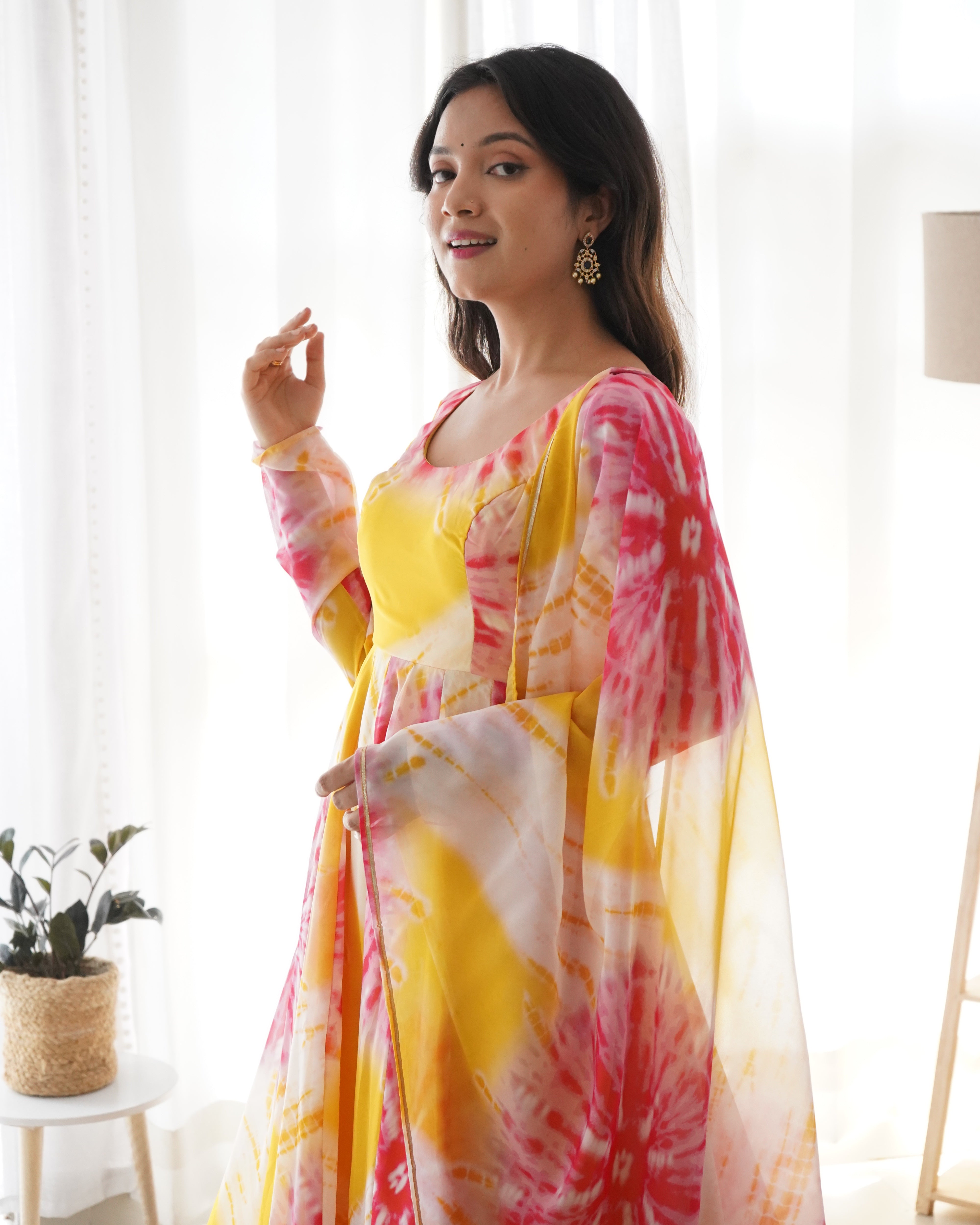Luminous Yellow Floral Printed Fully Stitched Anarkali Pant Suit