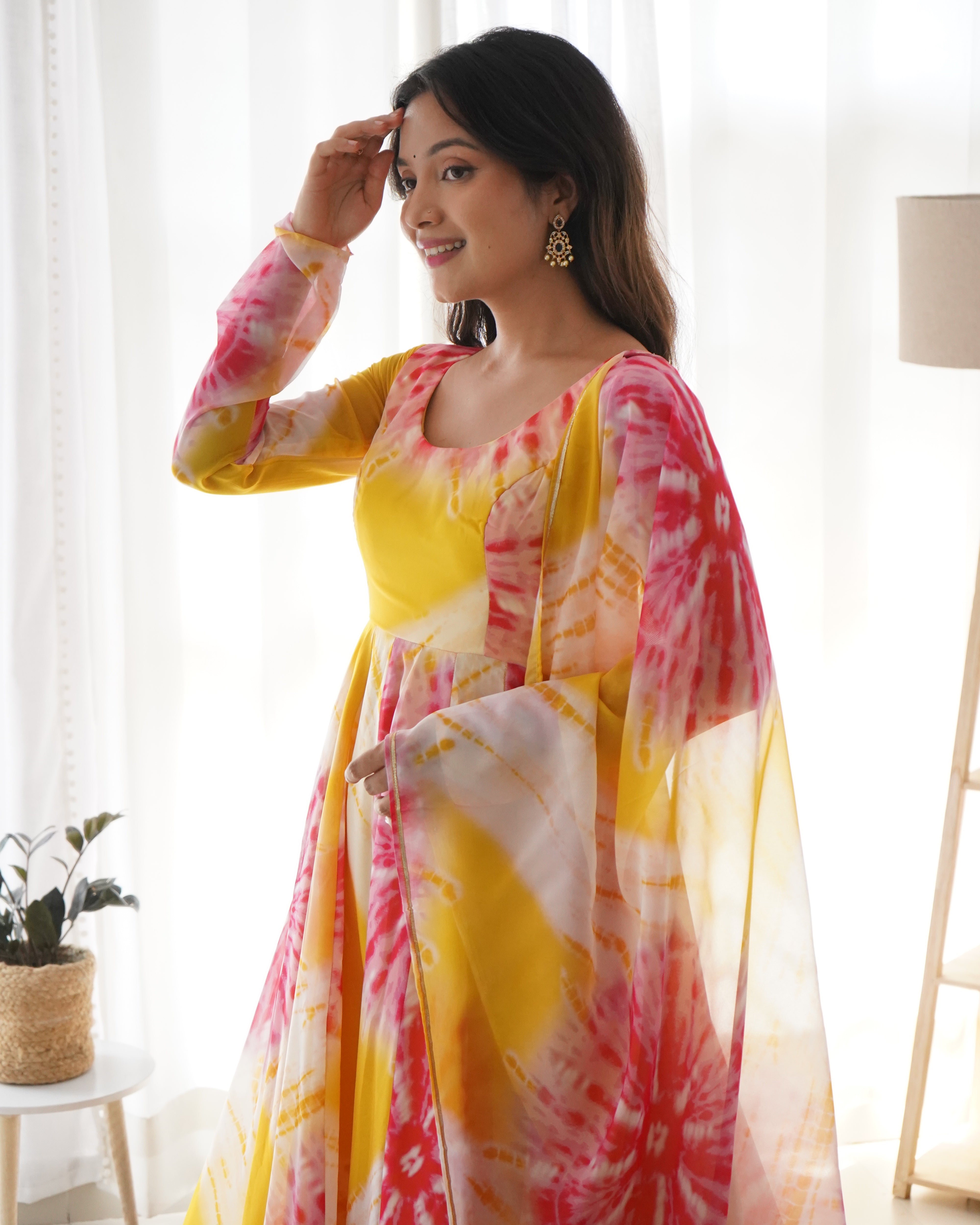 Luminous Yellow Floral Printed Fully Stitched Anarkali Pant Suit