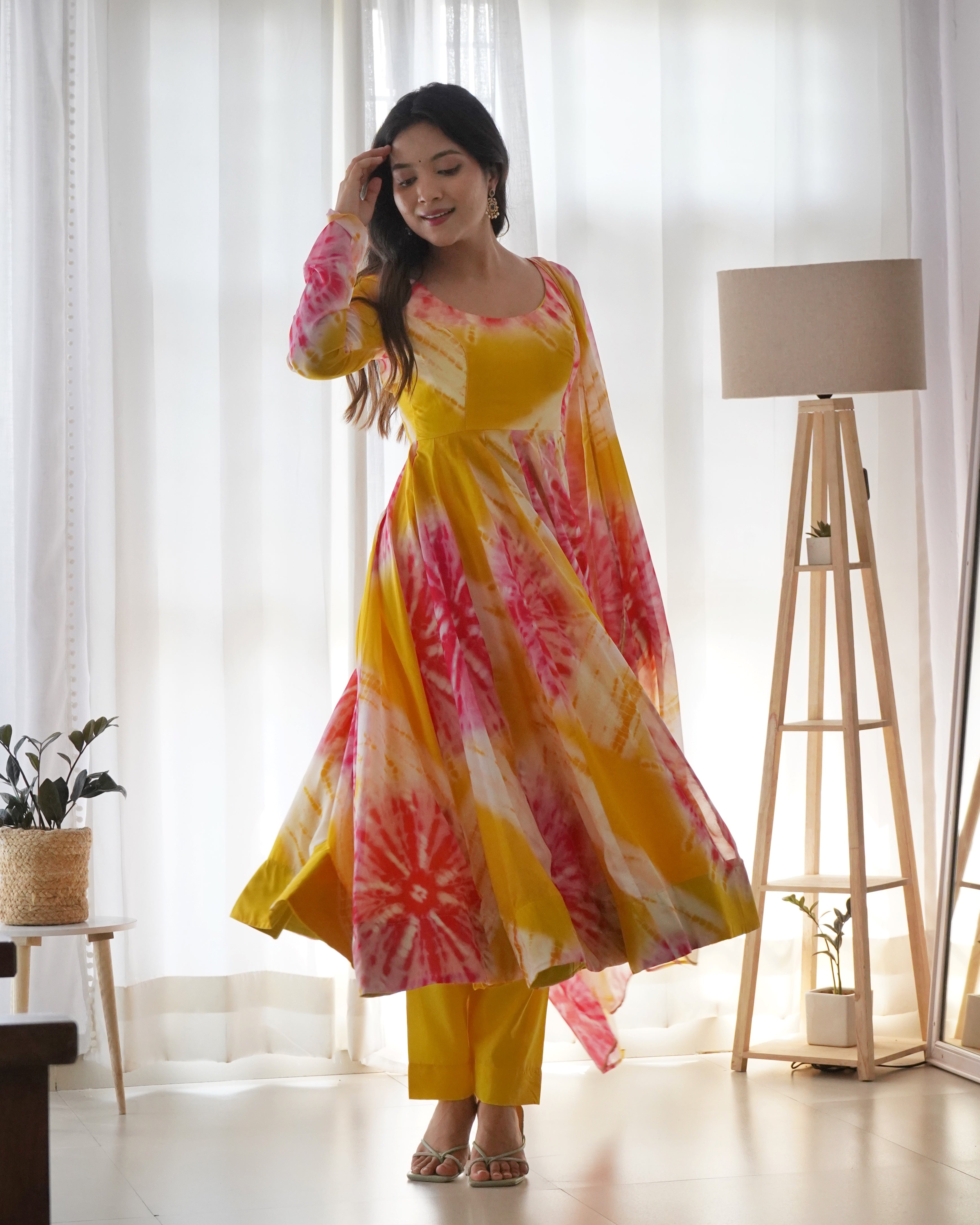 Luminous Yellow Floral Printed Fully Stitched Anarkali Pant Suit