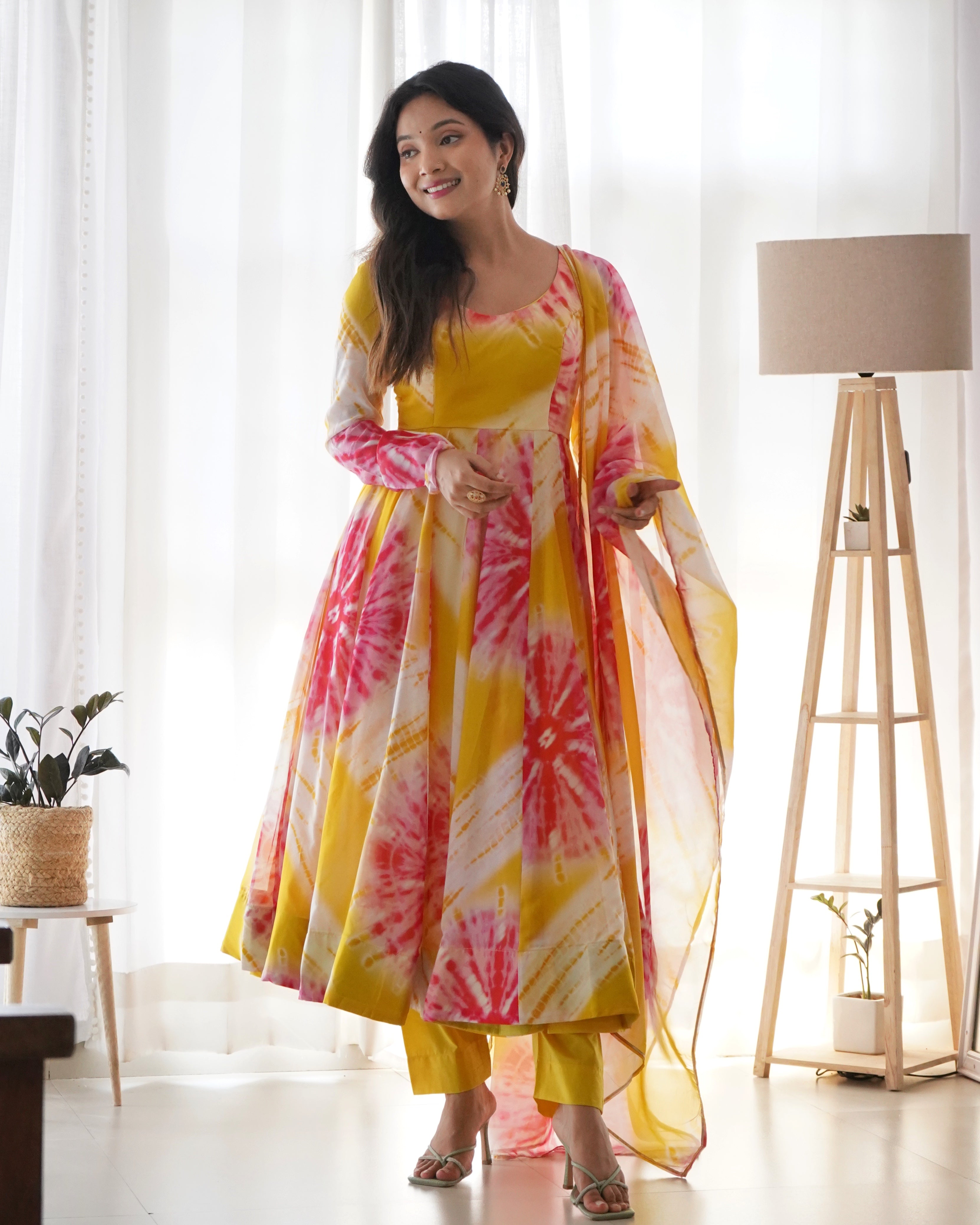 Luminous Yellow Floral Printed Fully Stitched Anarkali Pant Suit