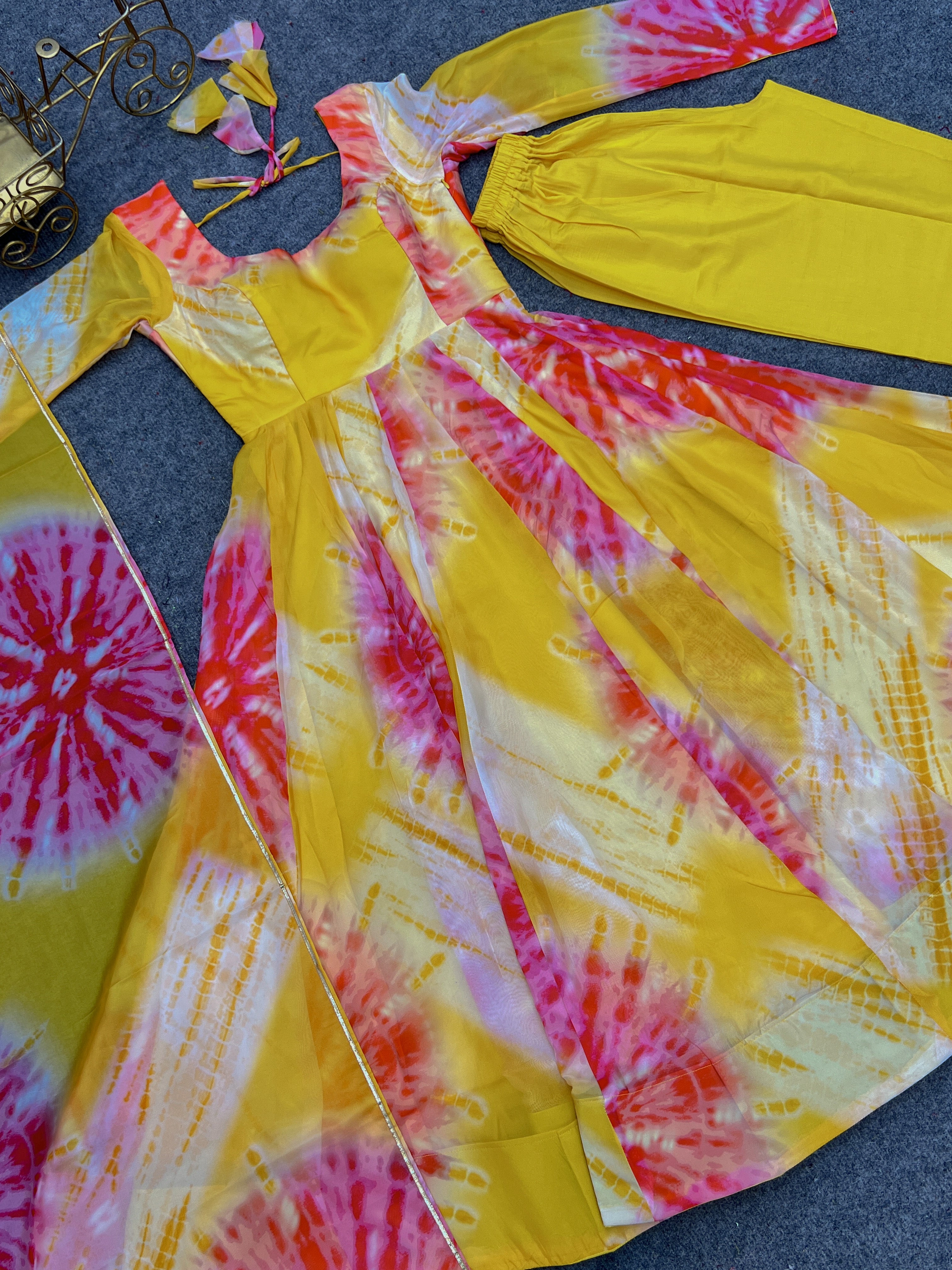 Luminous Yellow Floral Printed Fully Stitched Anarkali Pant Suit