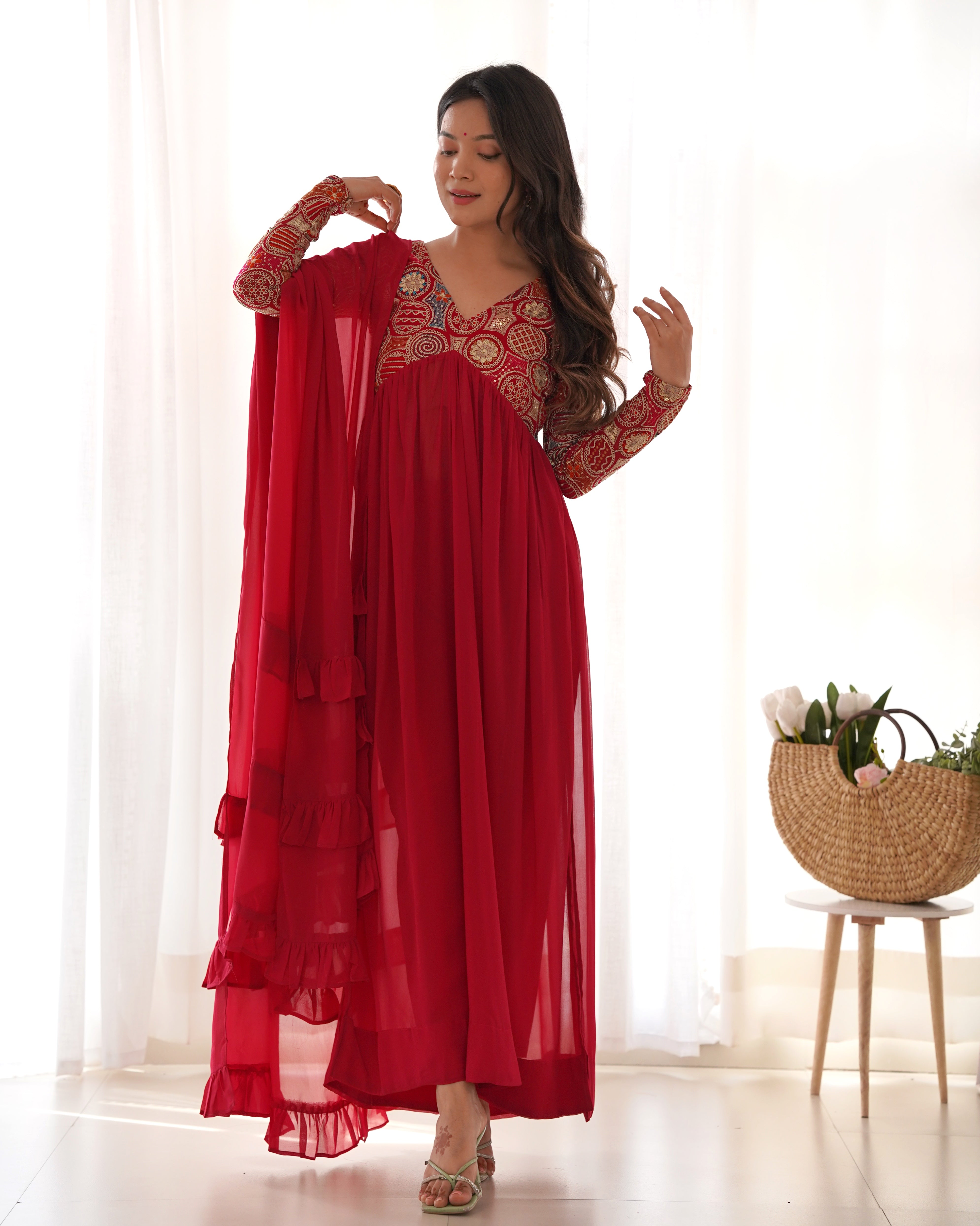 Classy Red Faux Georgette Sequins Dori Thread Zari Worked Anarkali Pant Suit