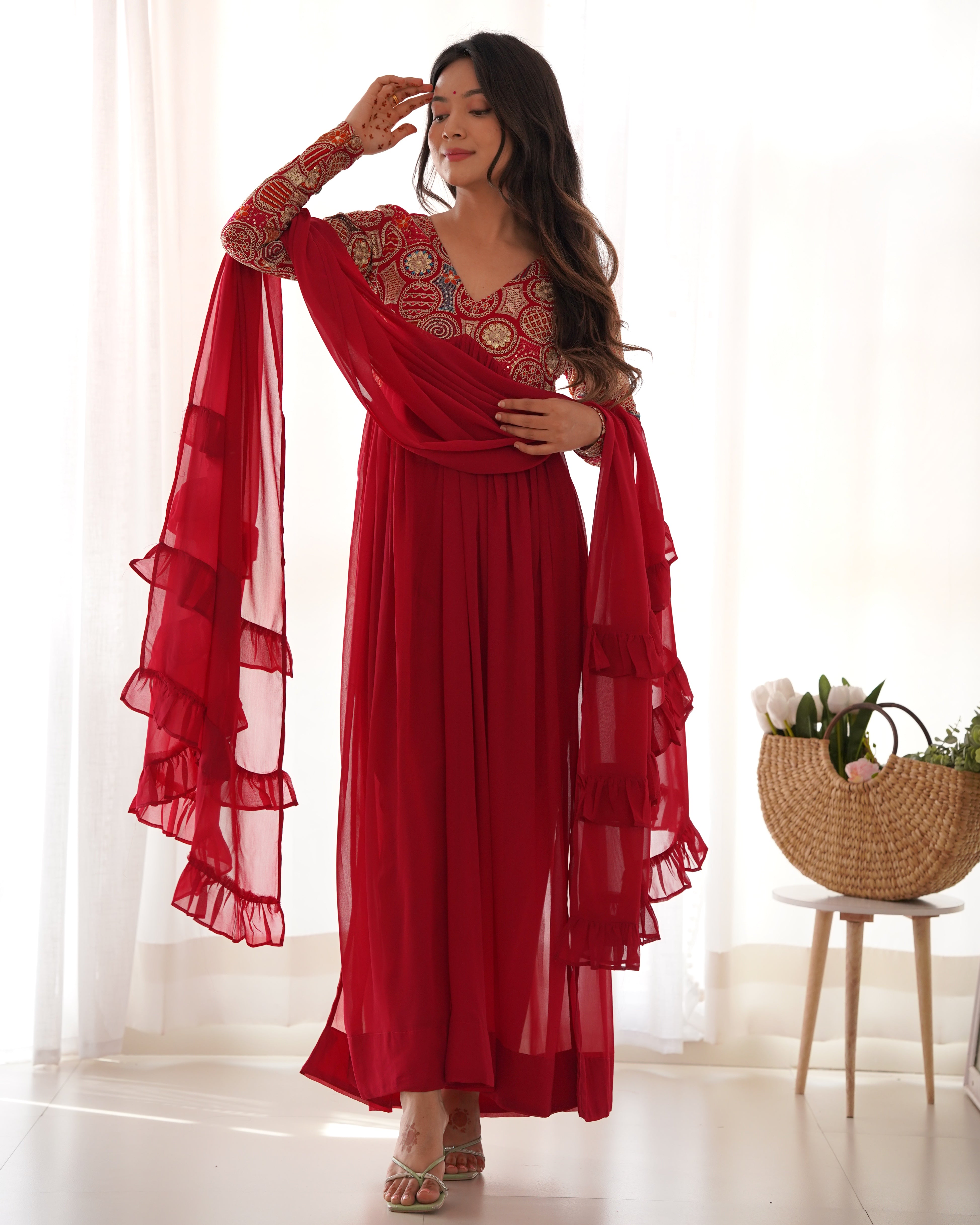 Classy Red Faux Georgette Sequins Dori Thread Zari Worked Anarkali Pant Suit