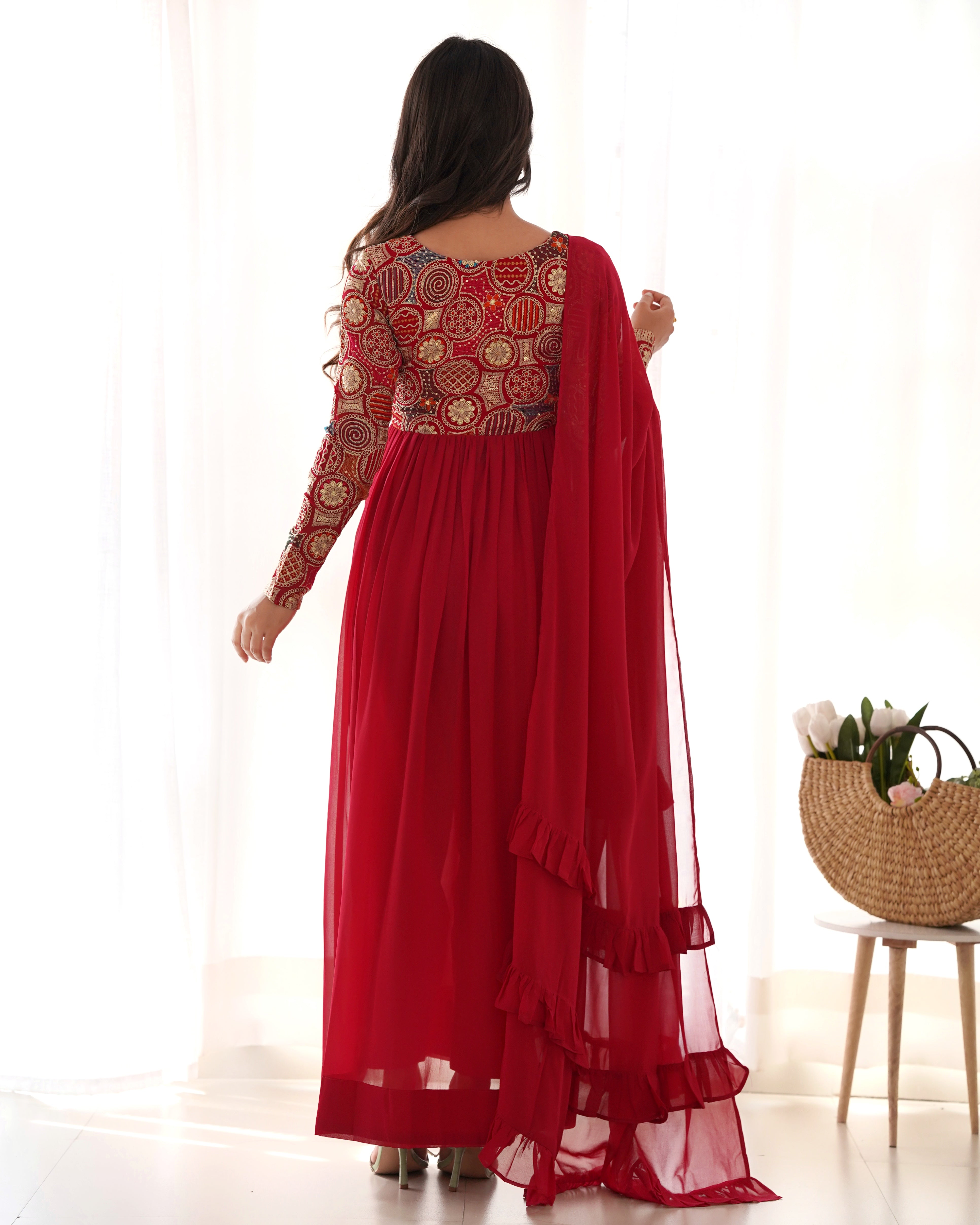 Classy Red Faux Georgette Sequins Dori Thread Zari Worked Anarkali Pant Suit