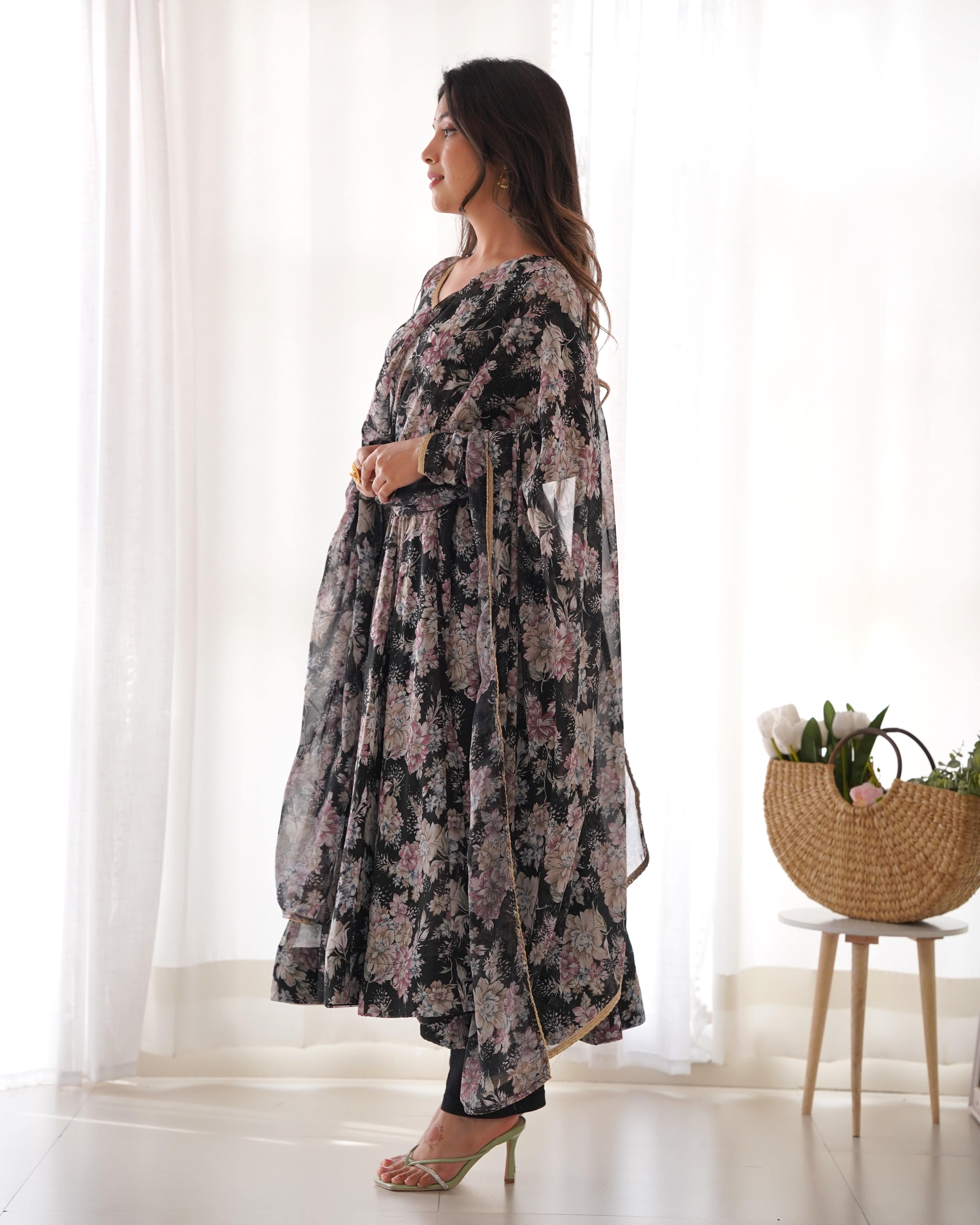 Captivating Black Floral Printed Fully Stitched Designer Anarkali Pant Suit