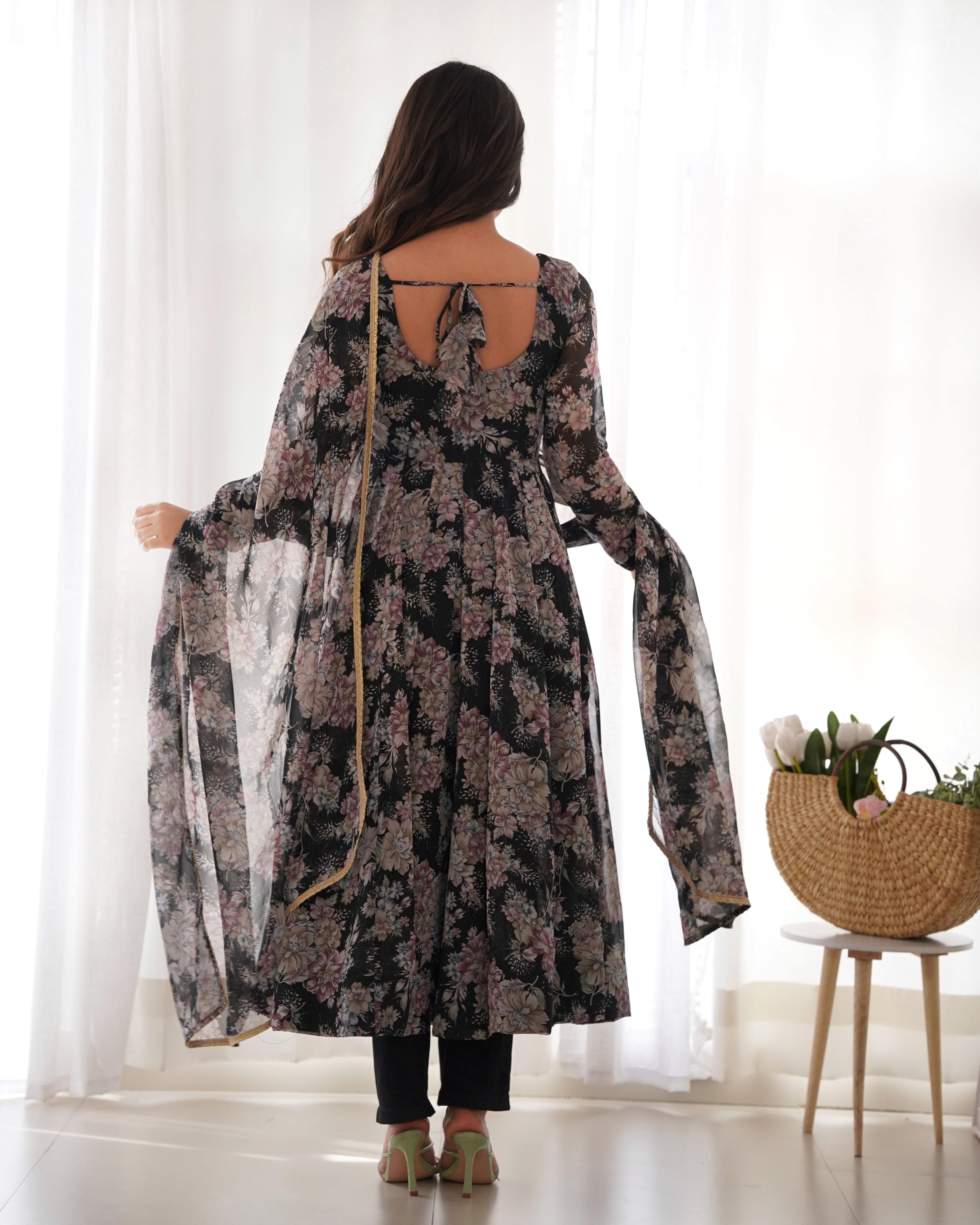 Captivating Black Floral Printed Fully Stitched Designer Anarkali Pant Suit