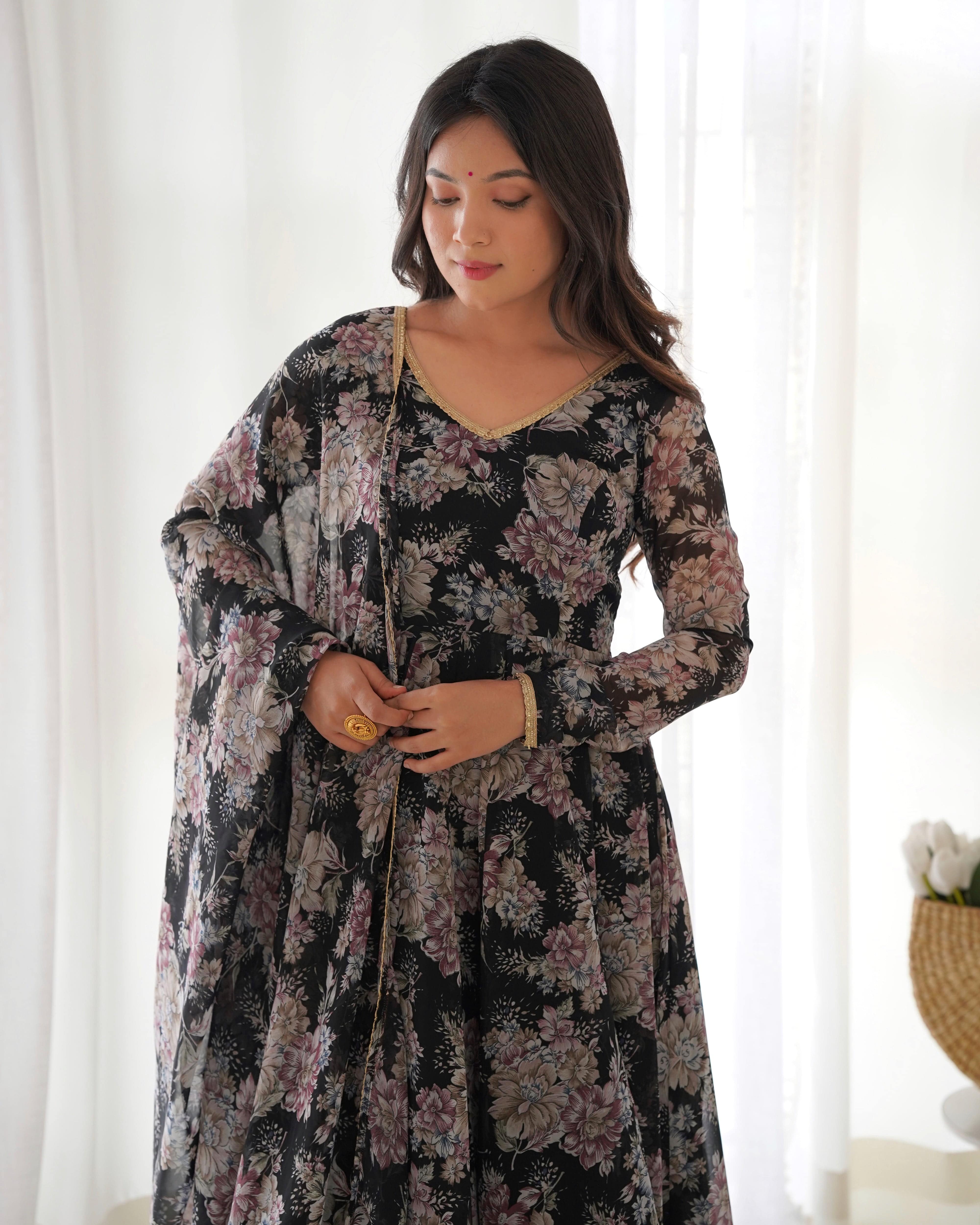 Captivating Black Floral Printed Fully Stitched Designer Anarkali Pant Suit