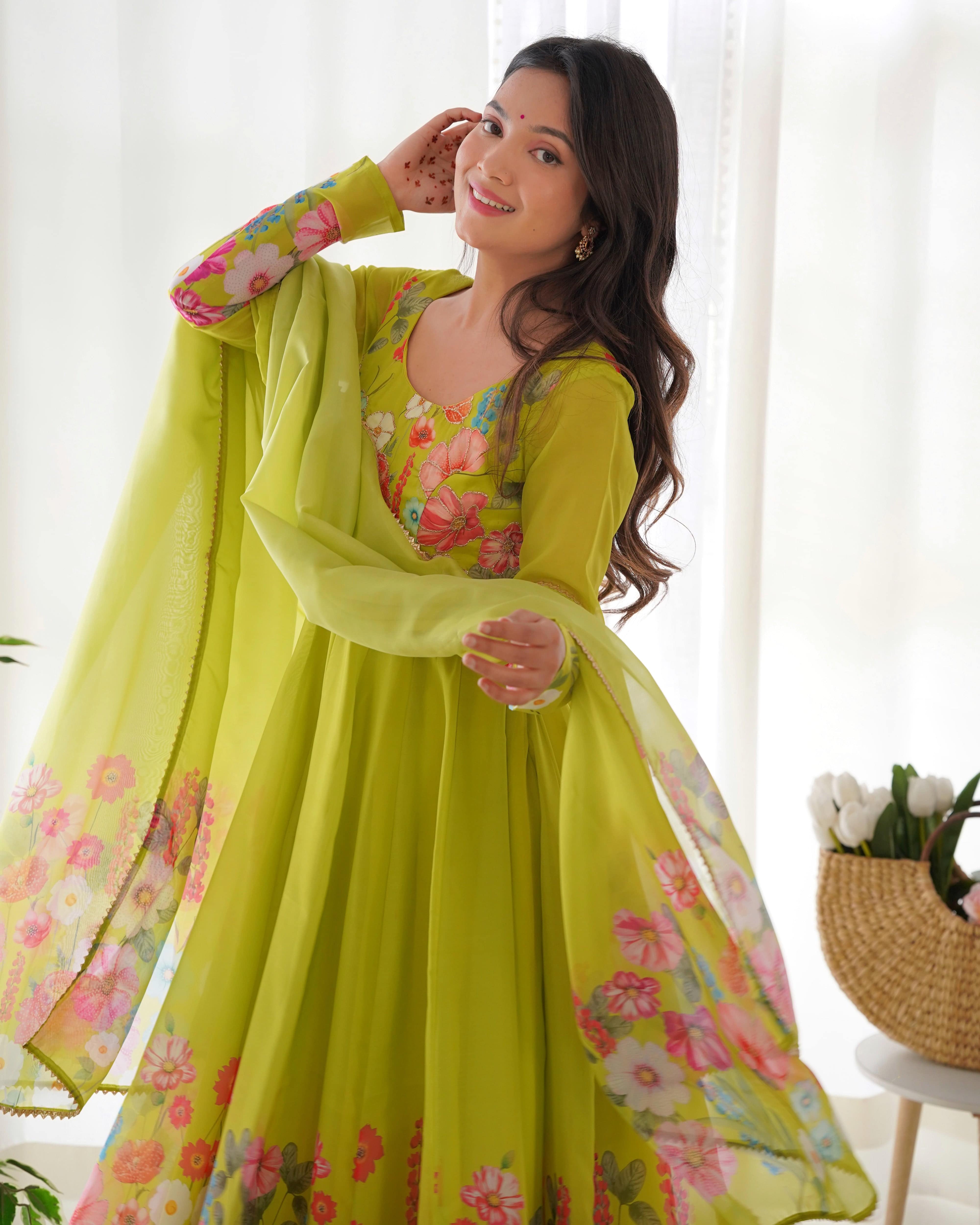Breathtaking Organza Silk Floral Printed Designer Anarkali Pant Suit