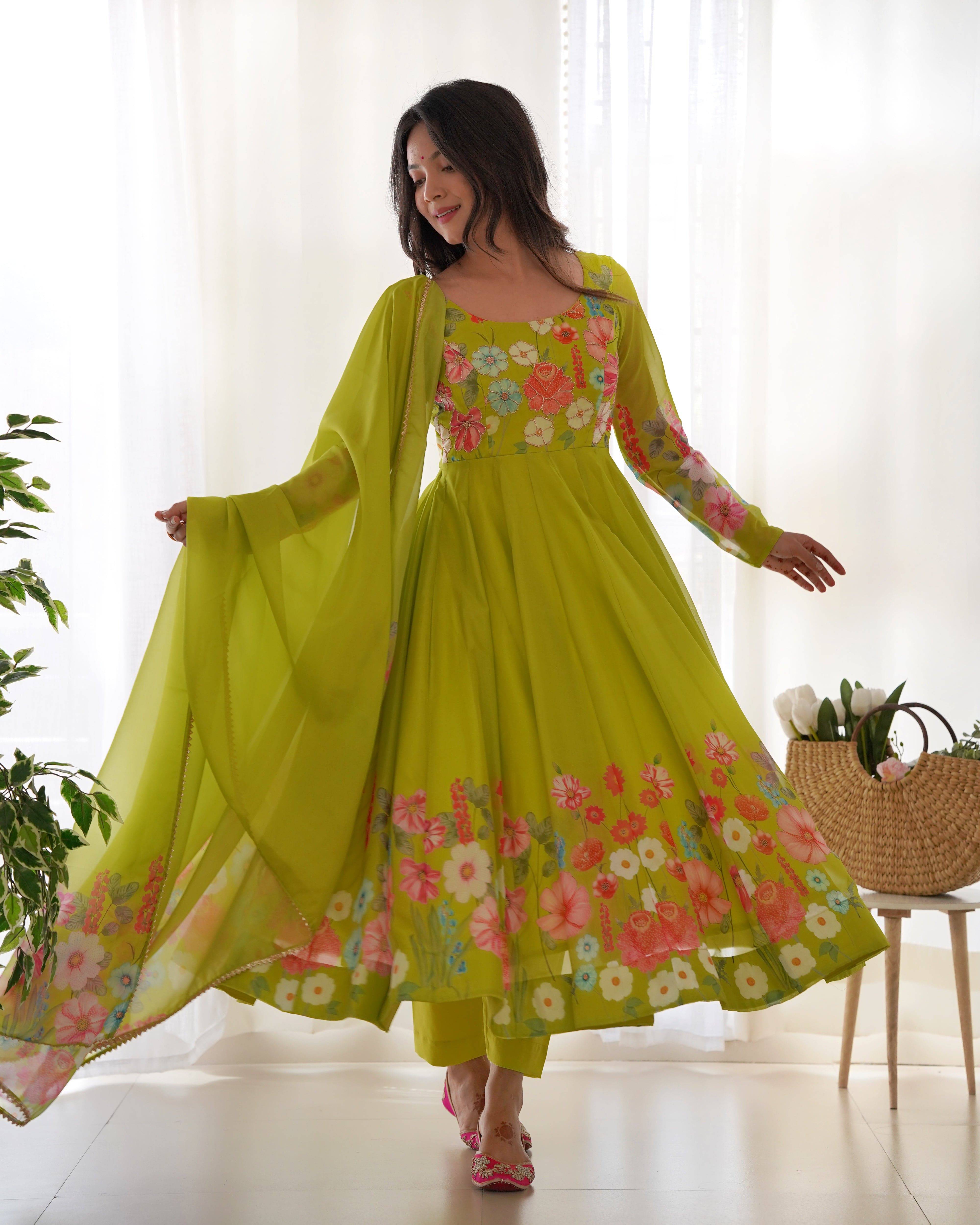 Breathtaking Organza Silk Floral Printed Designer Anarkali Pant Suit