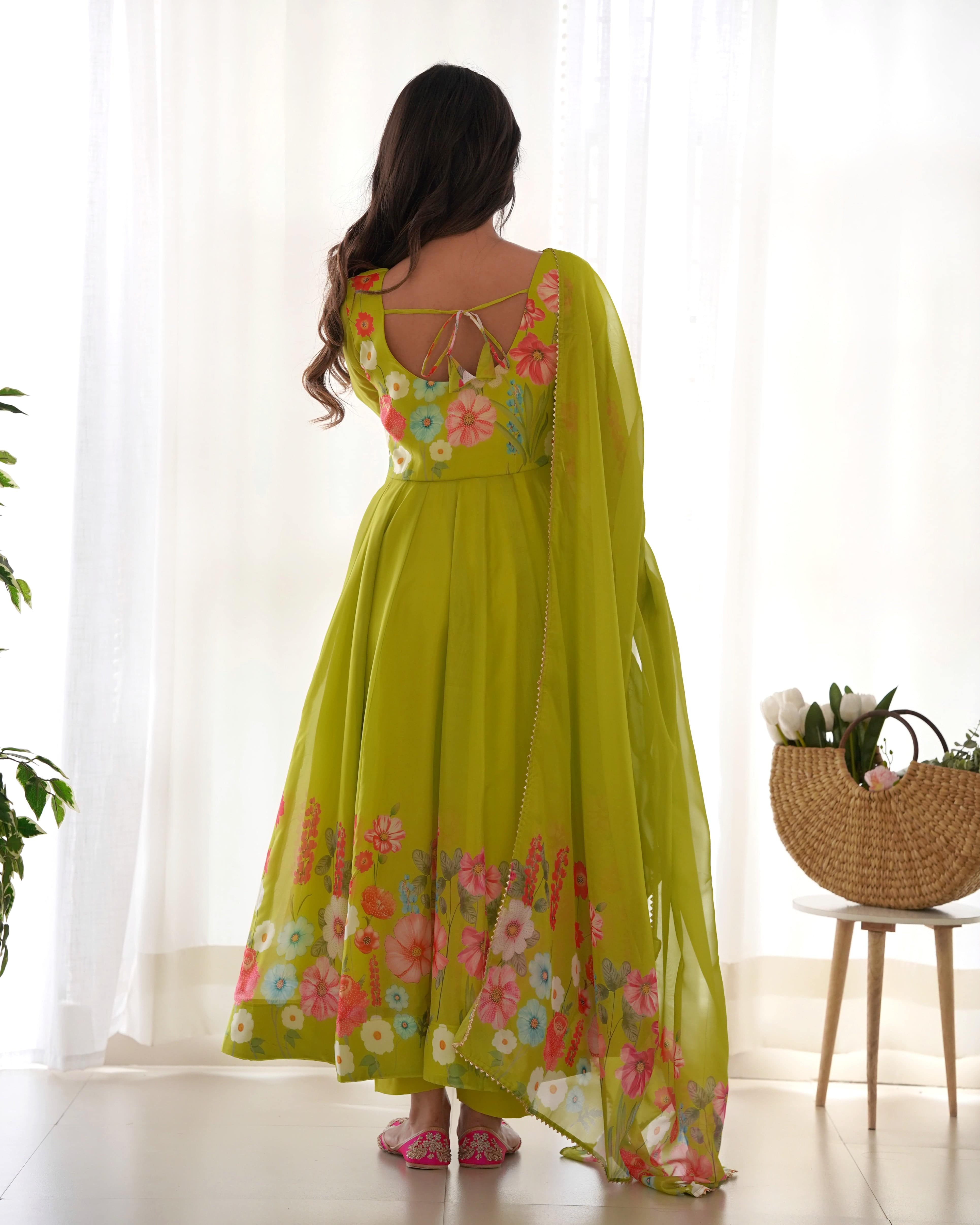 Breathtaking Organza Silk Floral Printed Designer Anarkali Pant Suit