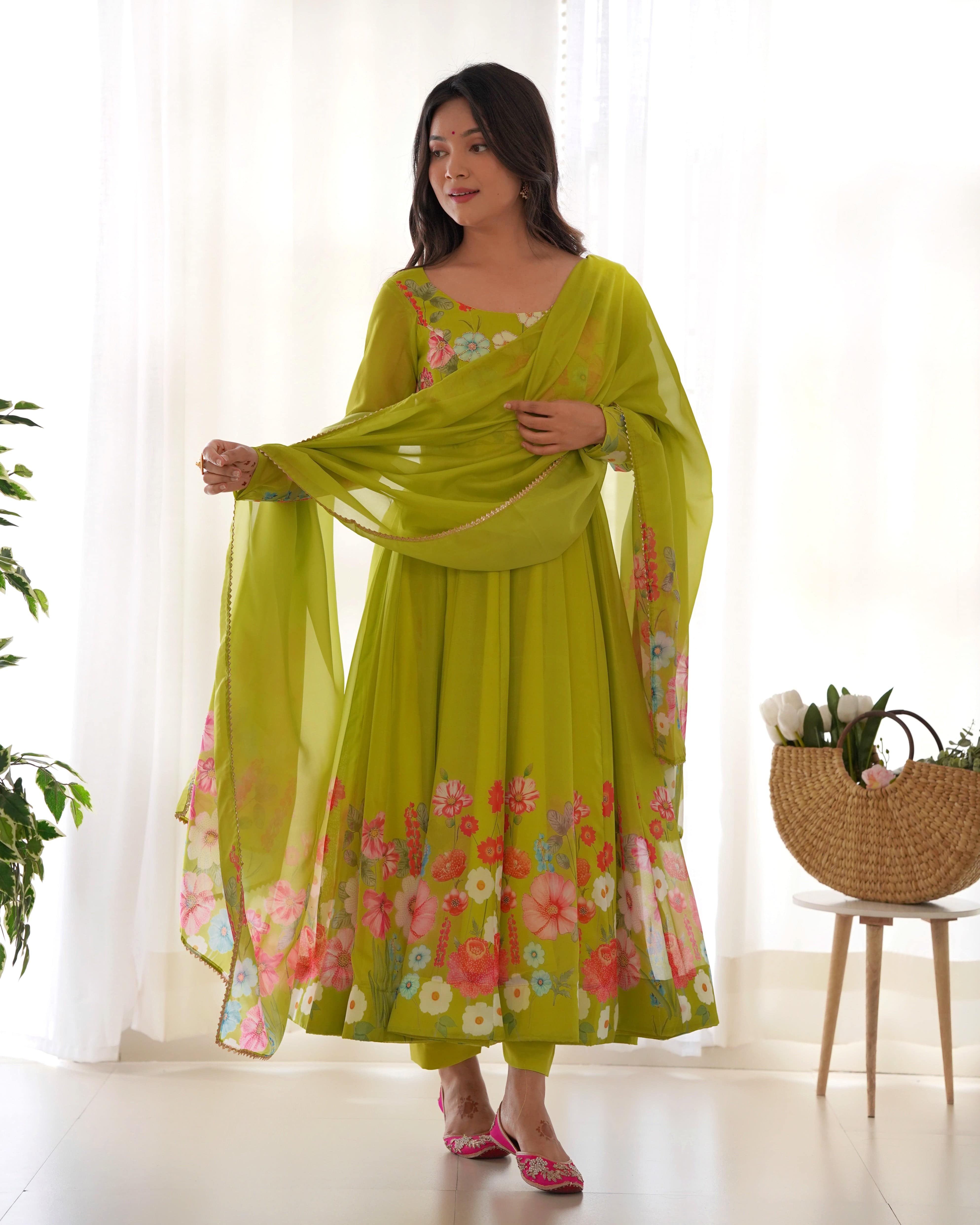 Breathtaking Organza Silk Floral Printed Designer Anarkali Pant Suit
