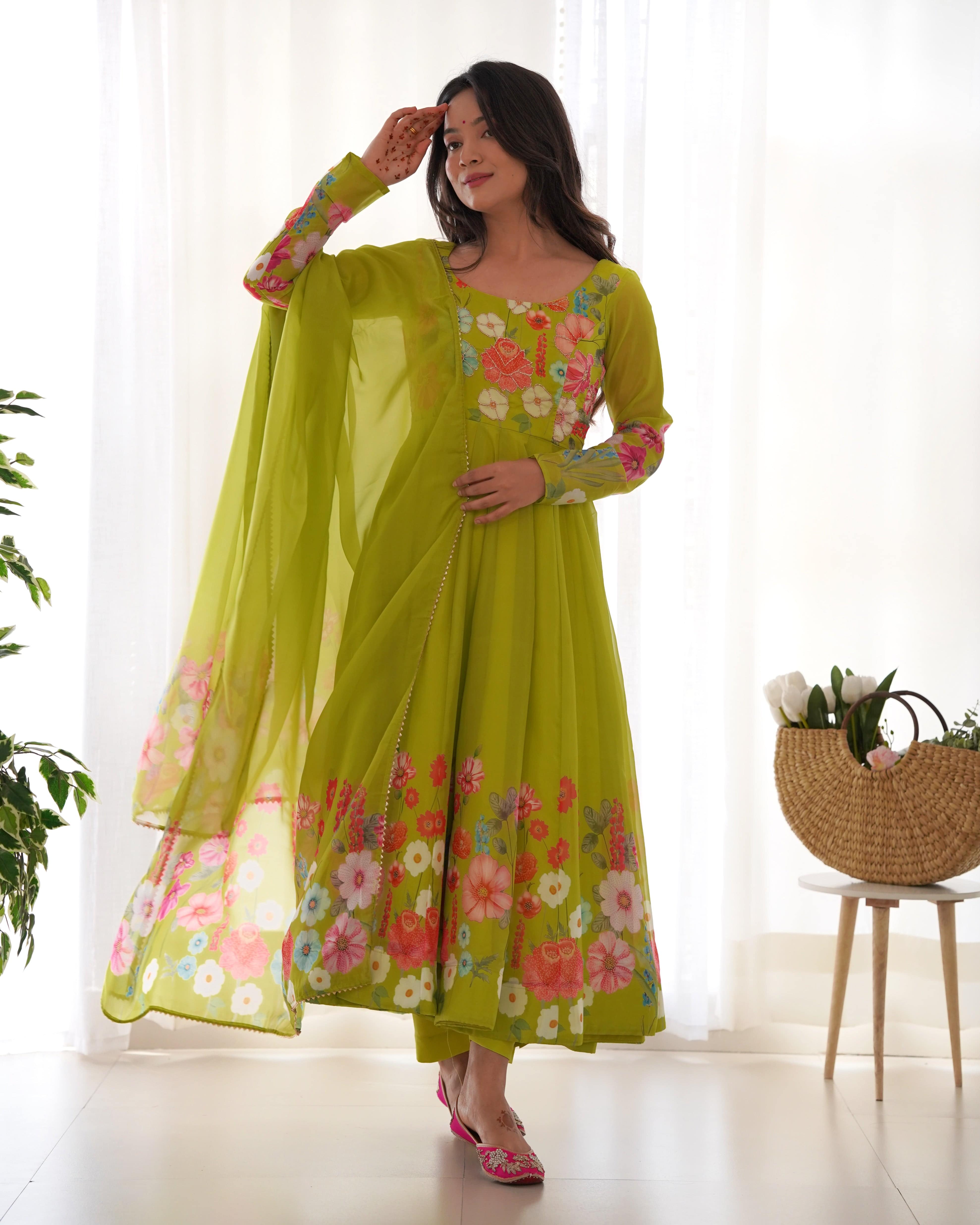 Breathtaking Organza Silk Floral Printed Designer Anarkali Pant Suit