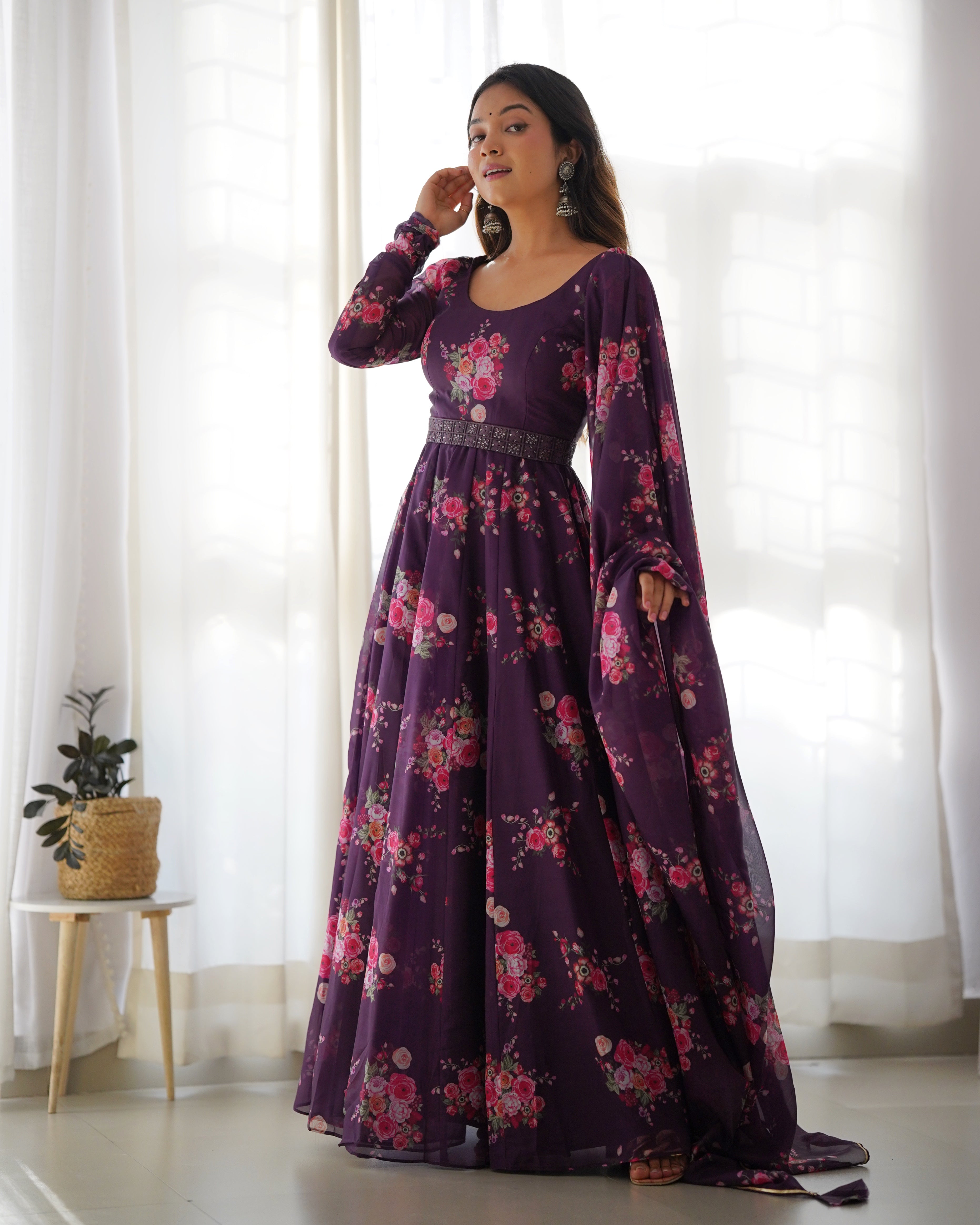 Glamorous Organza Silk Floral Printed Designer Anarkali Pant Suit