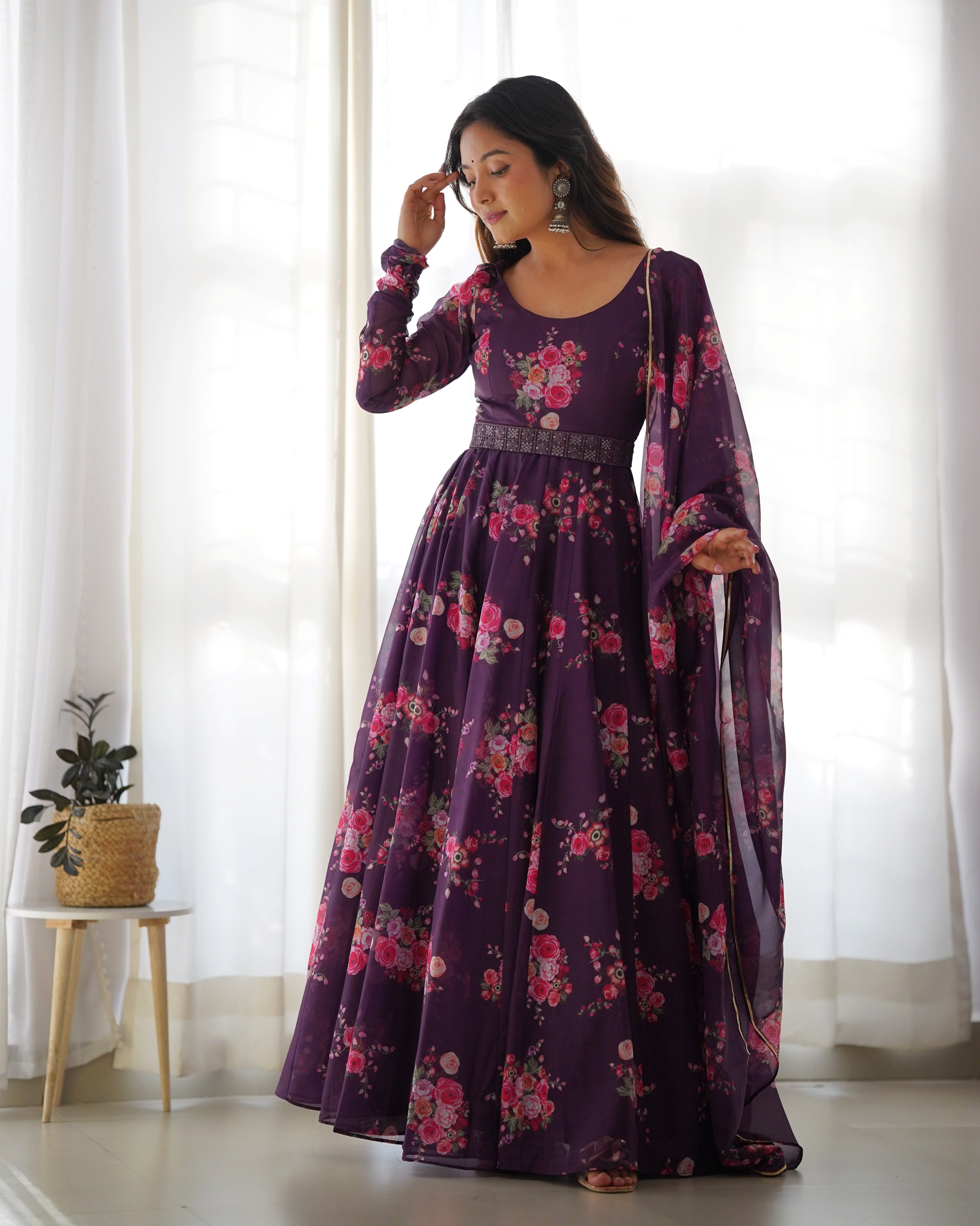 Glamorous Organza Silk Floral Printed Designer Anarkali Pant Suit