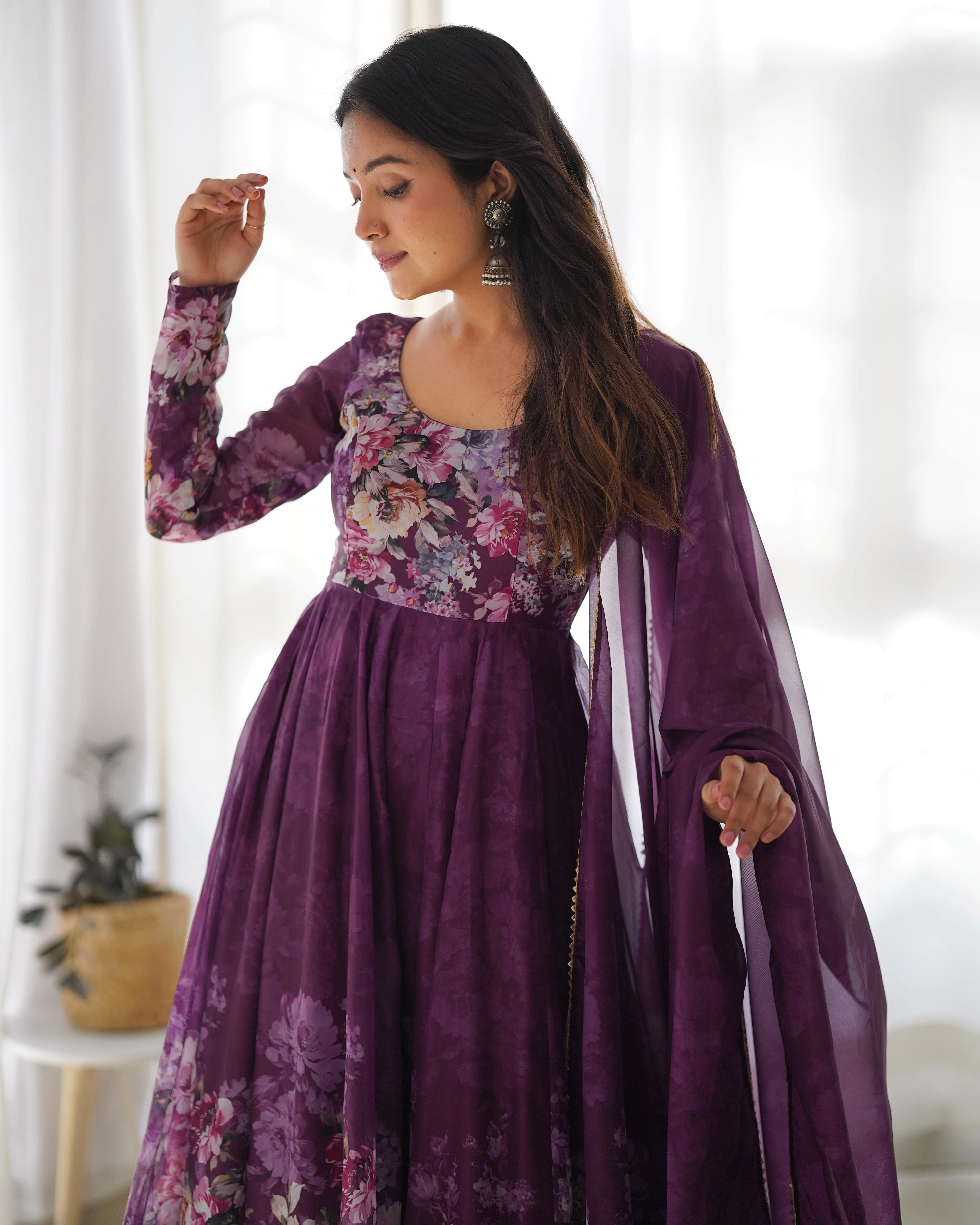 Lovely Organza Silk Floral Digital Printed Anarkali Pant Suit
