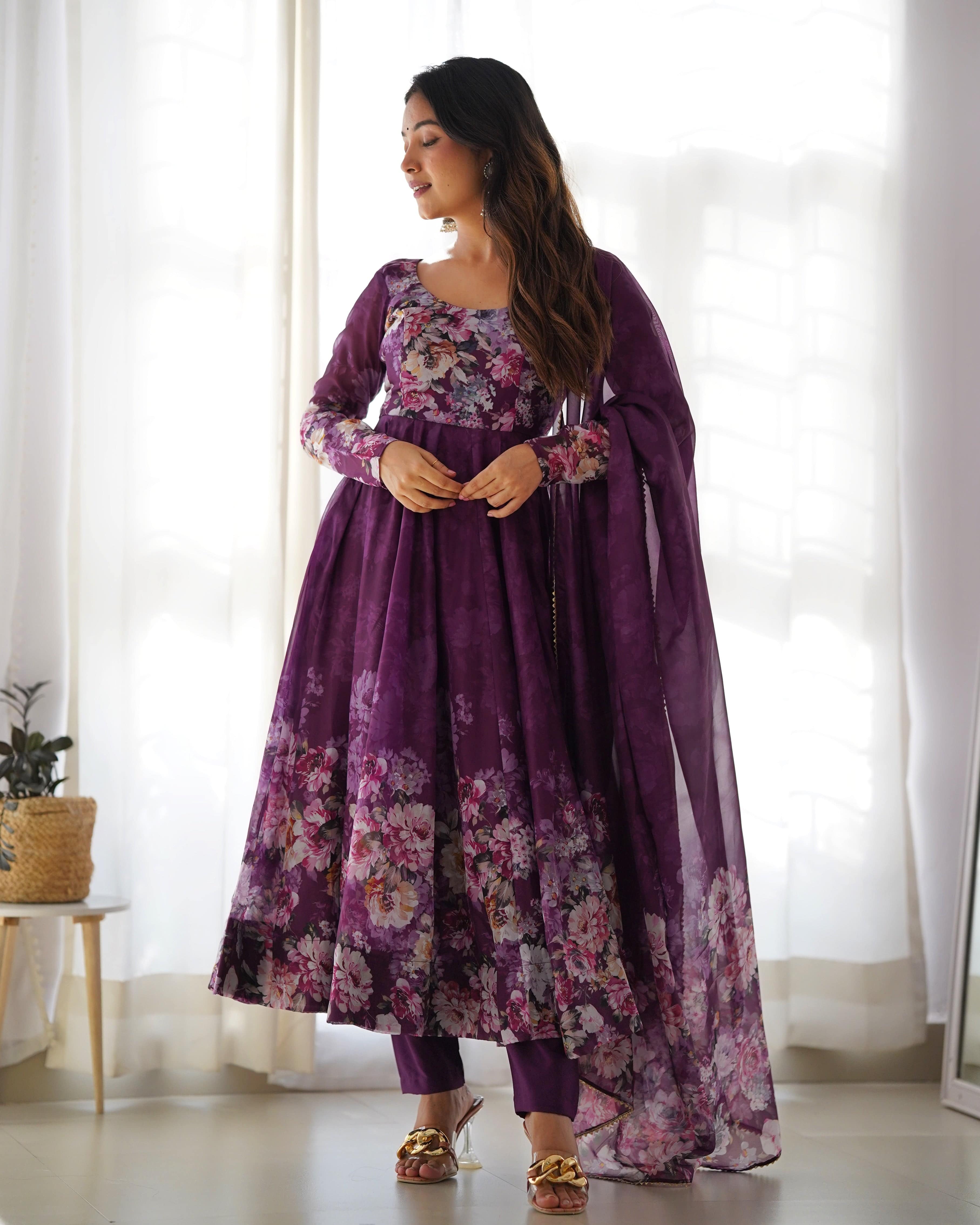 Lovely Organza Silk Floral Digital Printed Anarkali Pant Suit
