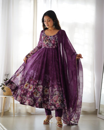 Wine Organza Anarkali Suit Set