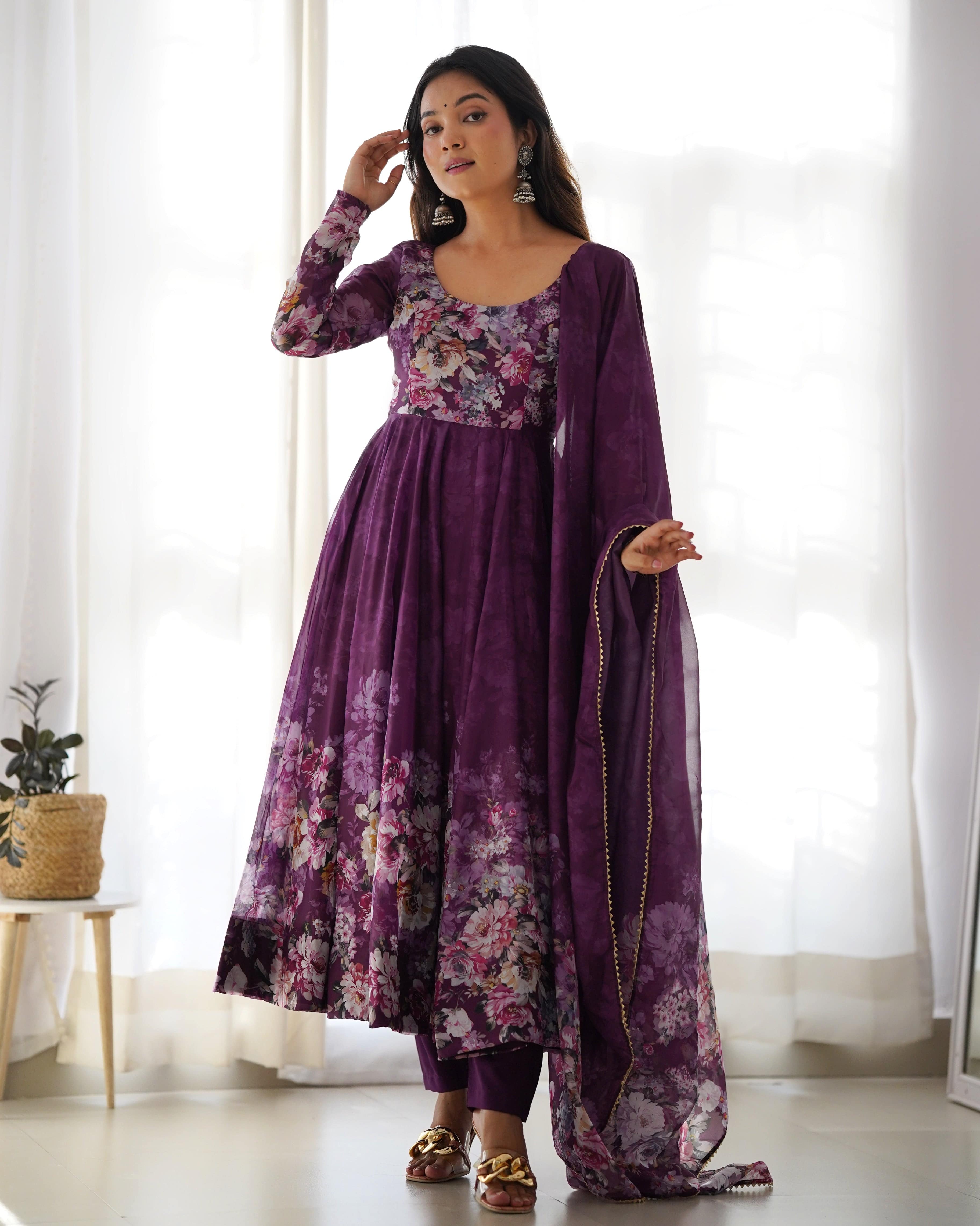 Lovely Organza Silk Floral Digital Printed Anarkali Pant Suit