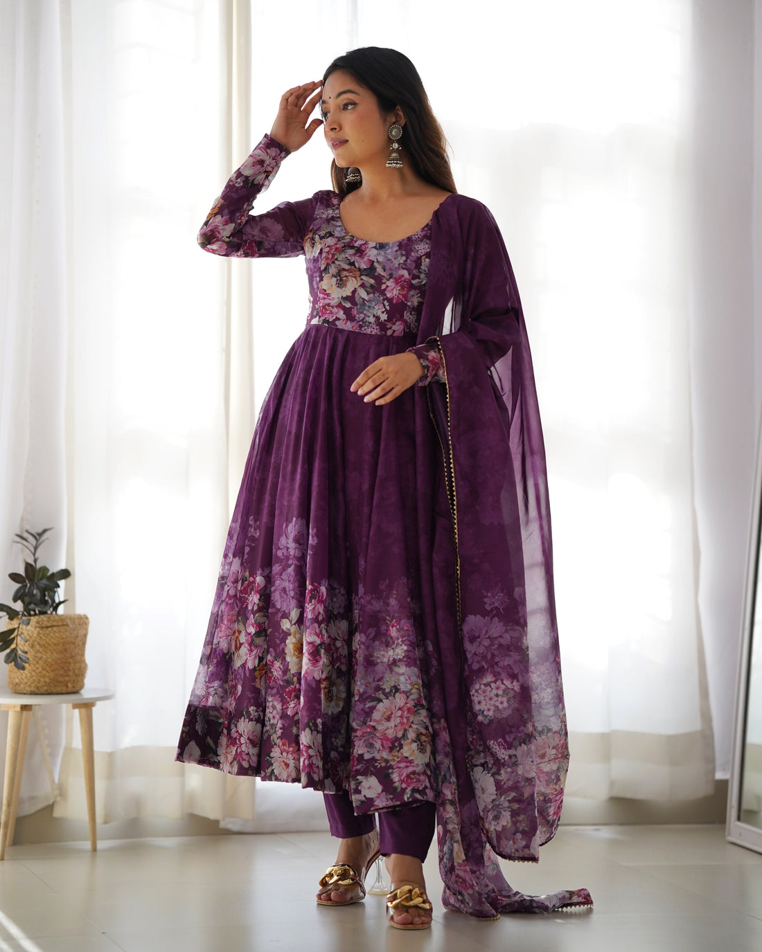 Wine Organza Anarkali Suit Set
