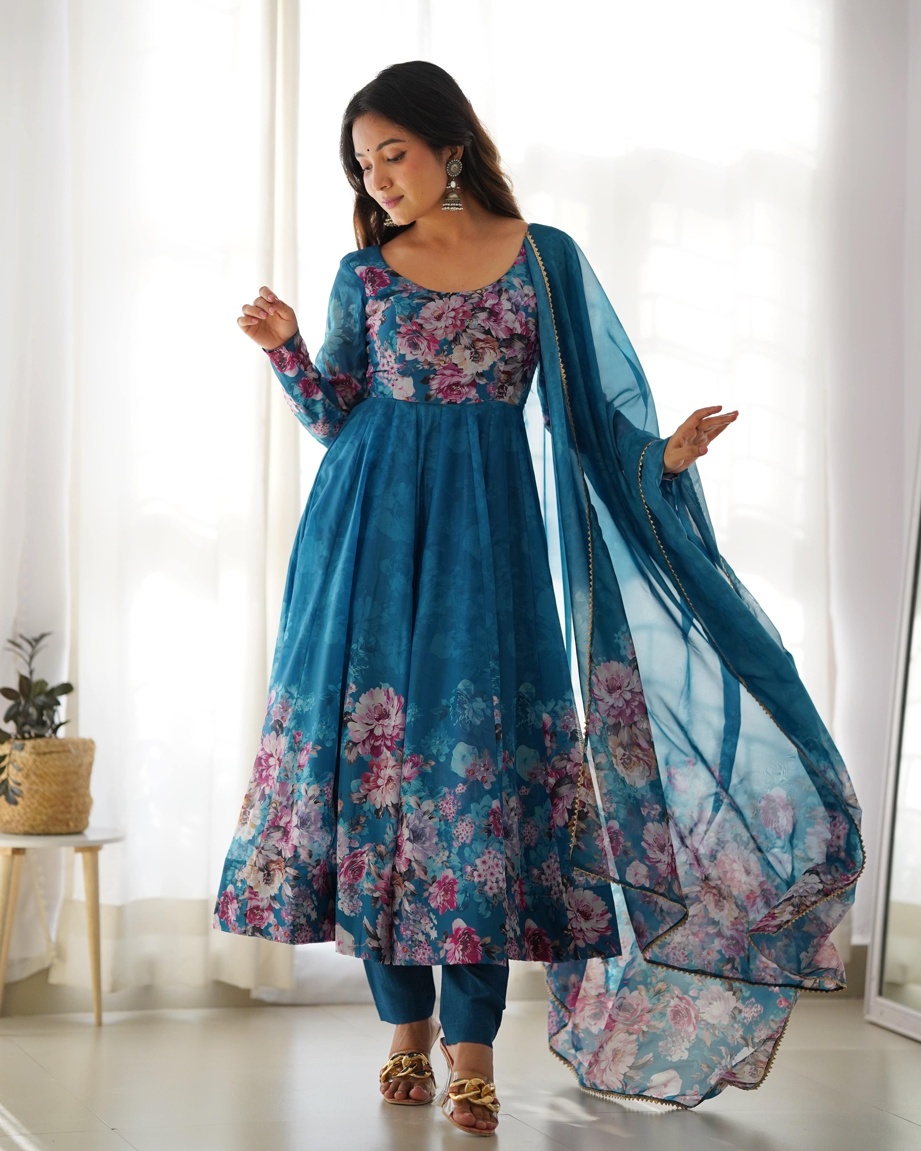 Lovely Organza Silk Floral Digital Printed Anarkali Pant Suit