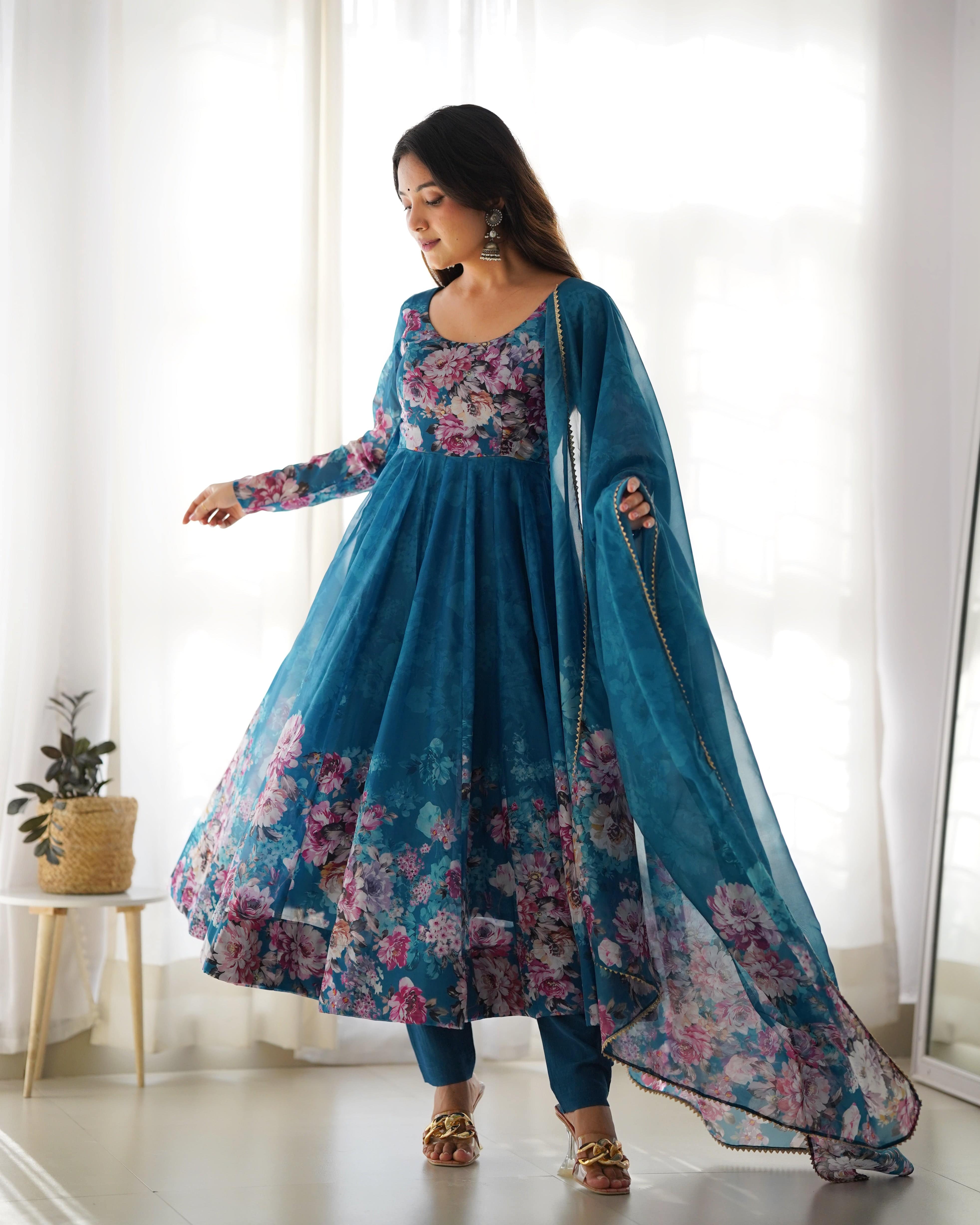 Lovely Organza Silk Floral Digital Printed Anarkali Pant Suit