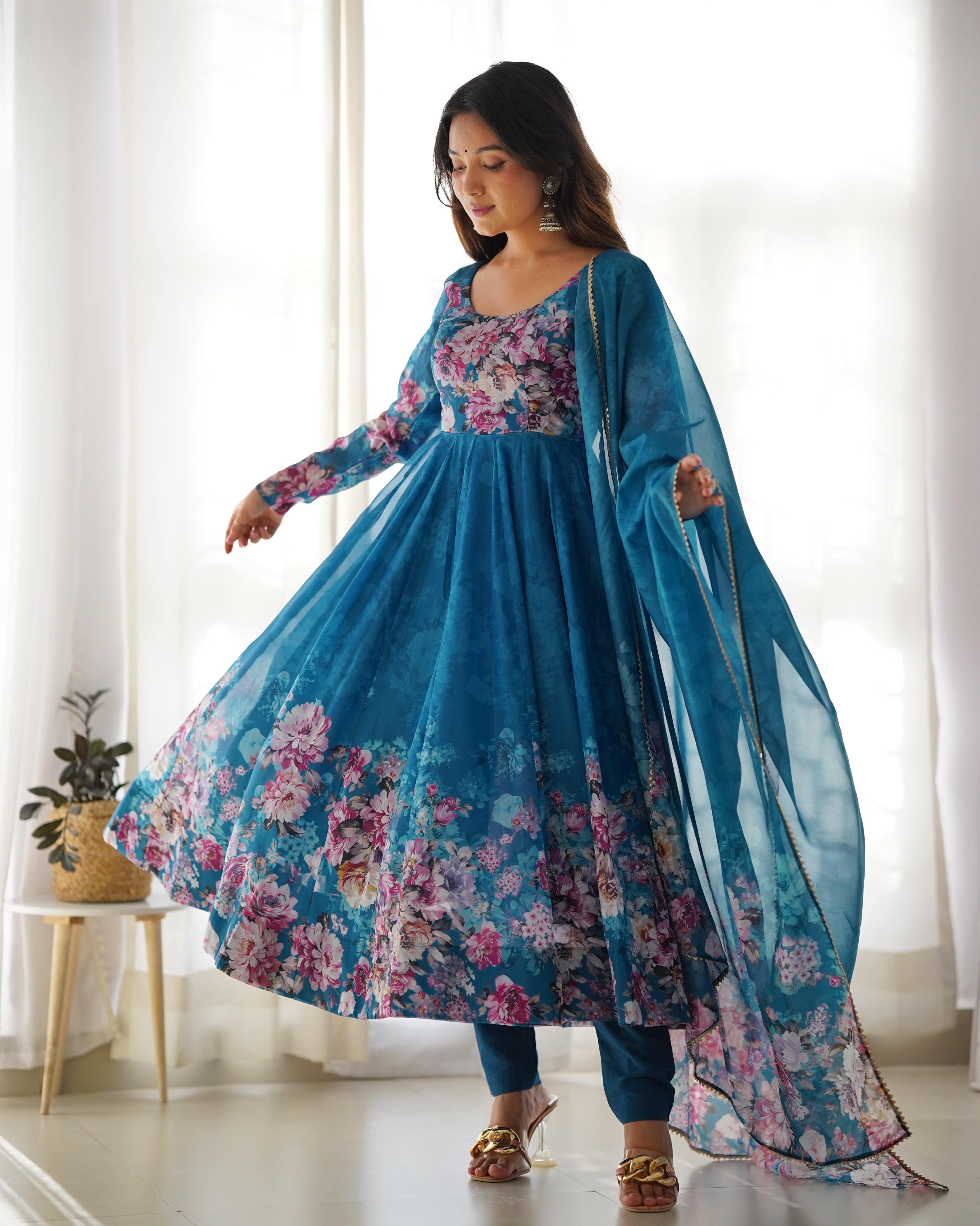 Lovely Organza Silk Floral Digital Printed Anarkali Pant Suit