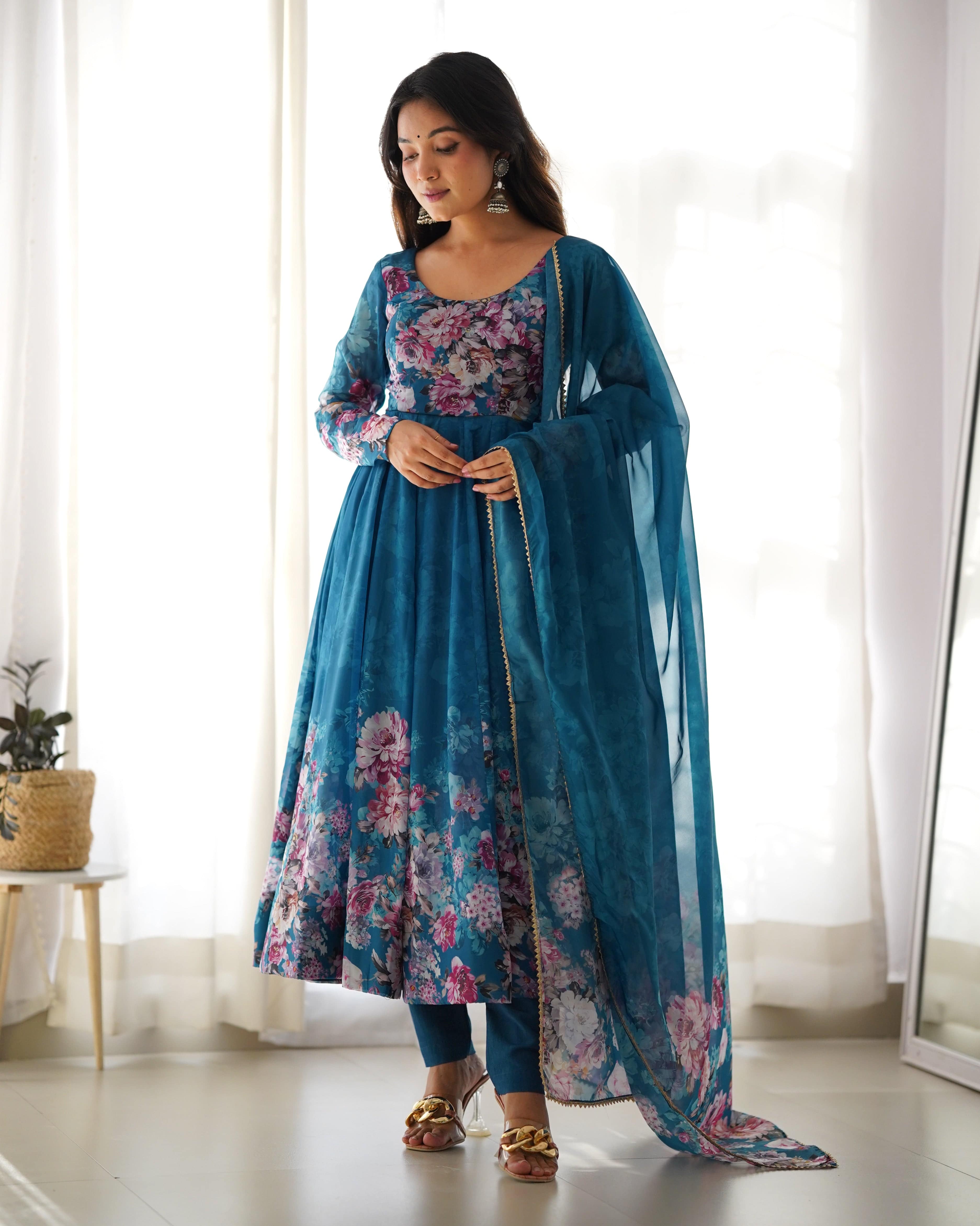 Lovely Organza Silk Floral Digital Printed Anarkali Pant Suit