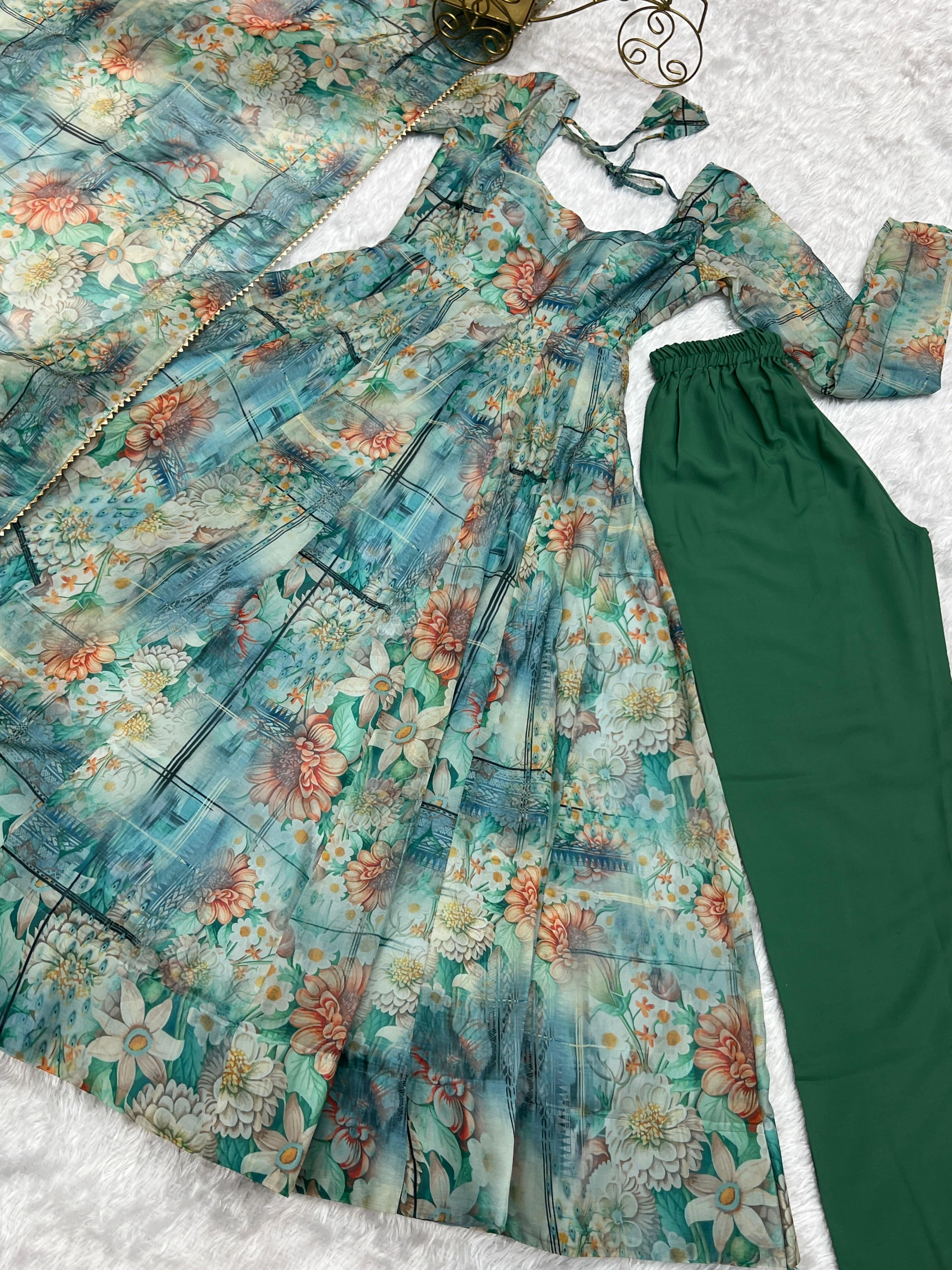 Graceful Organza Silk Intricate Printed Fully Stitched Anarkali Pant Suit