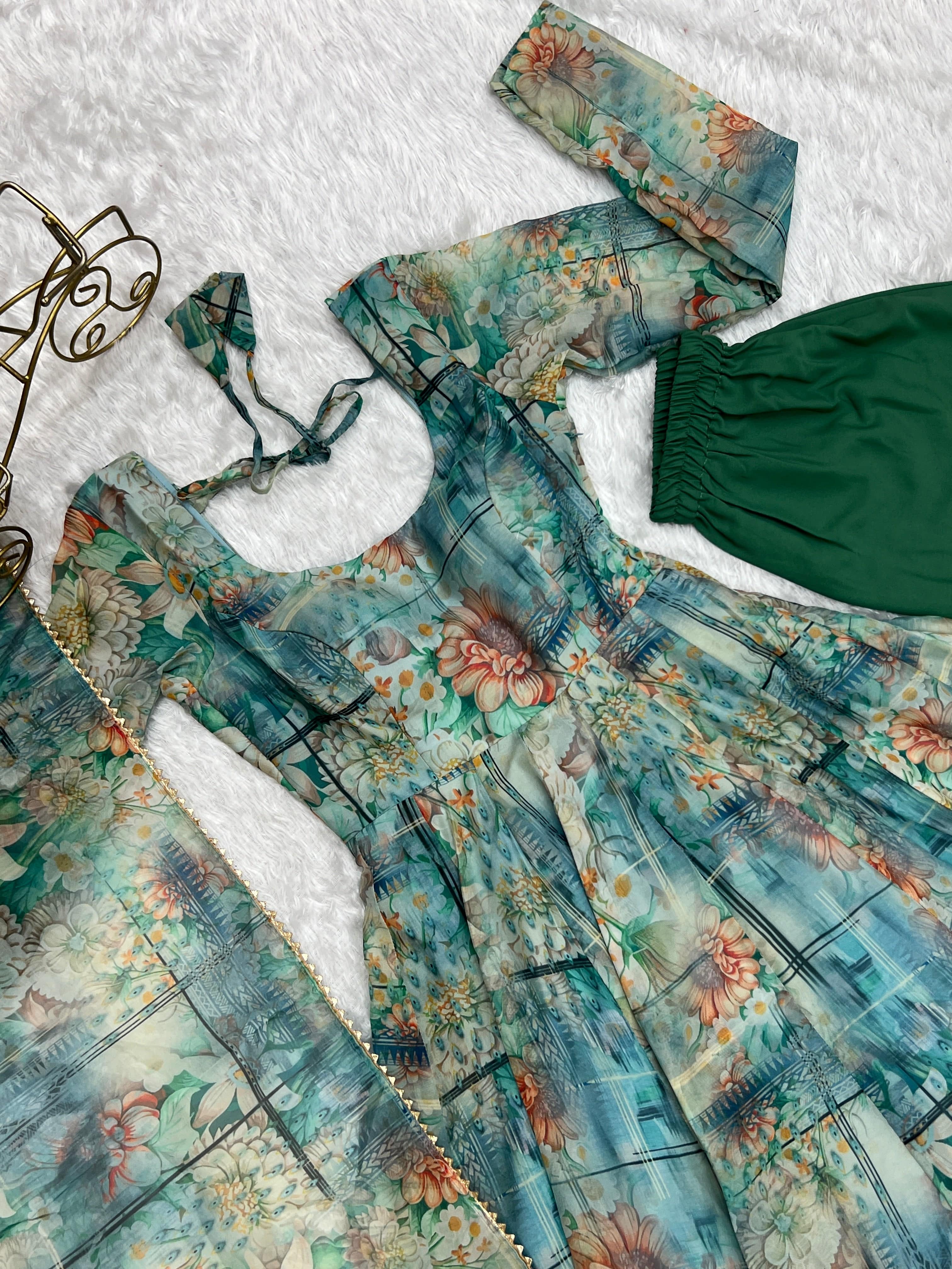 Graceful Organza Silk Intricate Printed Fully Stitched Anarkali Pant Suit