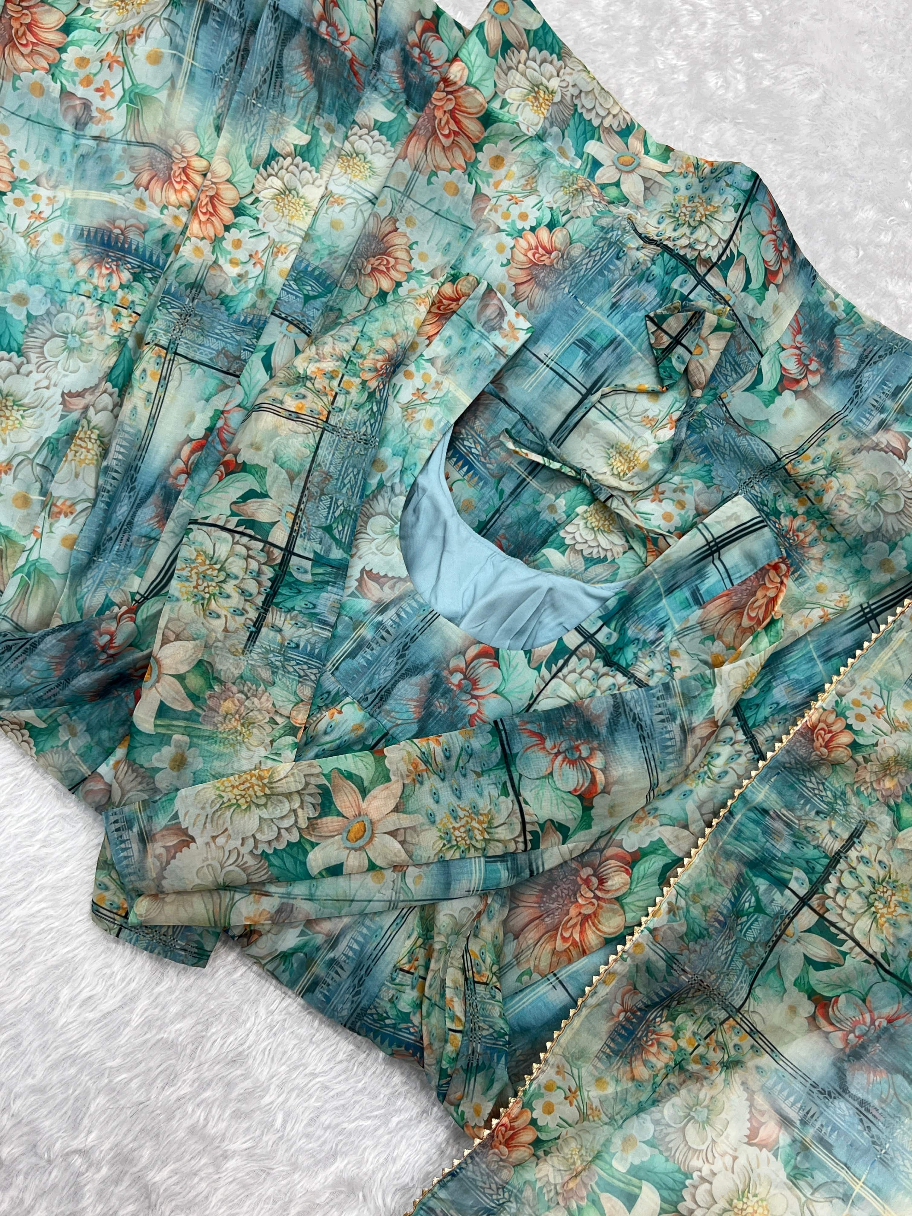 Graceful Organza Silk Intricate Printed Fully Stitched Anarkali Pant Suit