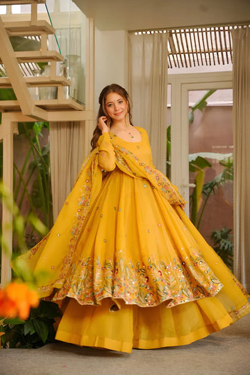 Yellow Crunchy Silk Sequin Embroidered Anarkali Sharara Set