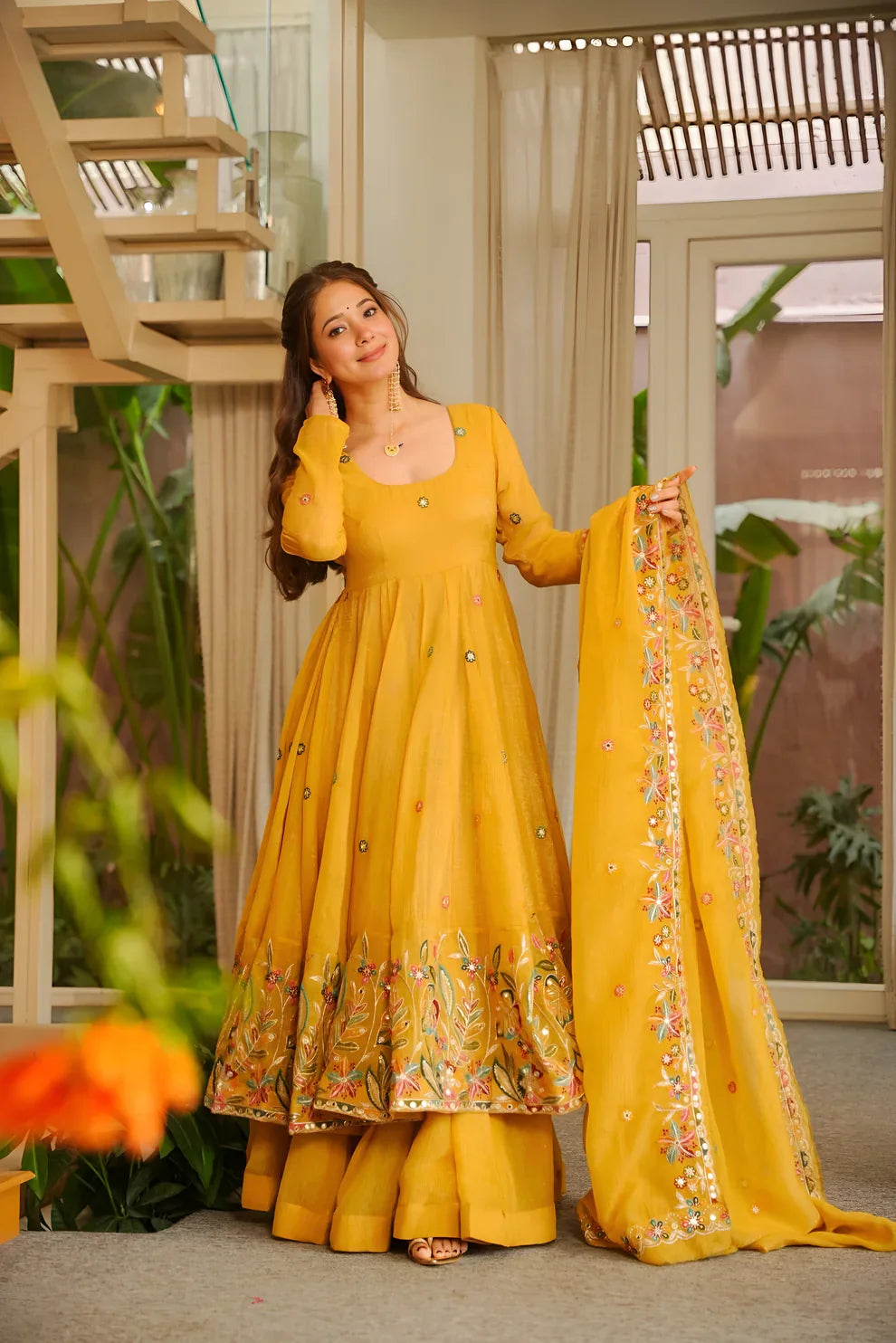 Yellow Crunchy Silk Sequin Embroidered Anarkali Sharara Set