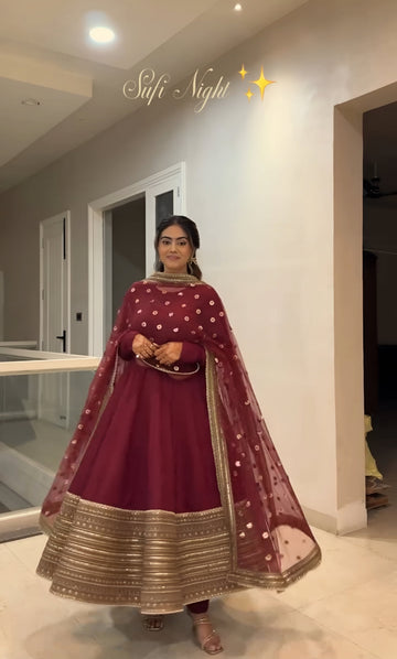 Red Rayon Silk Slit Embroidered Anarkali Suit Set