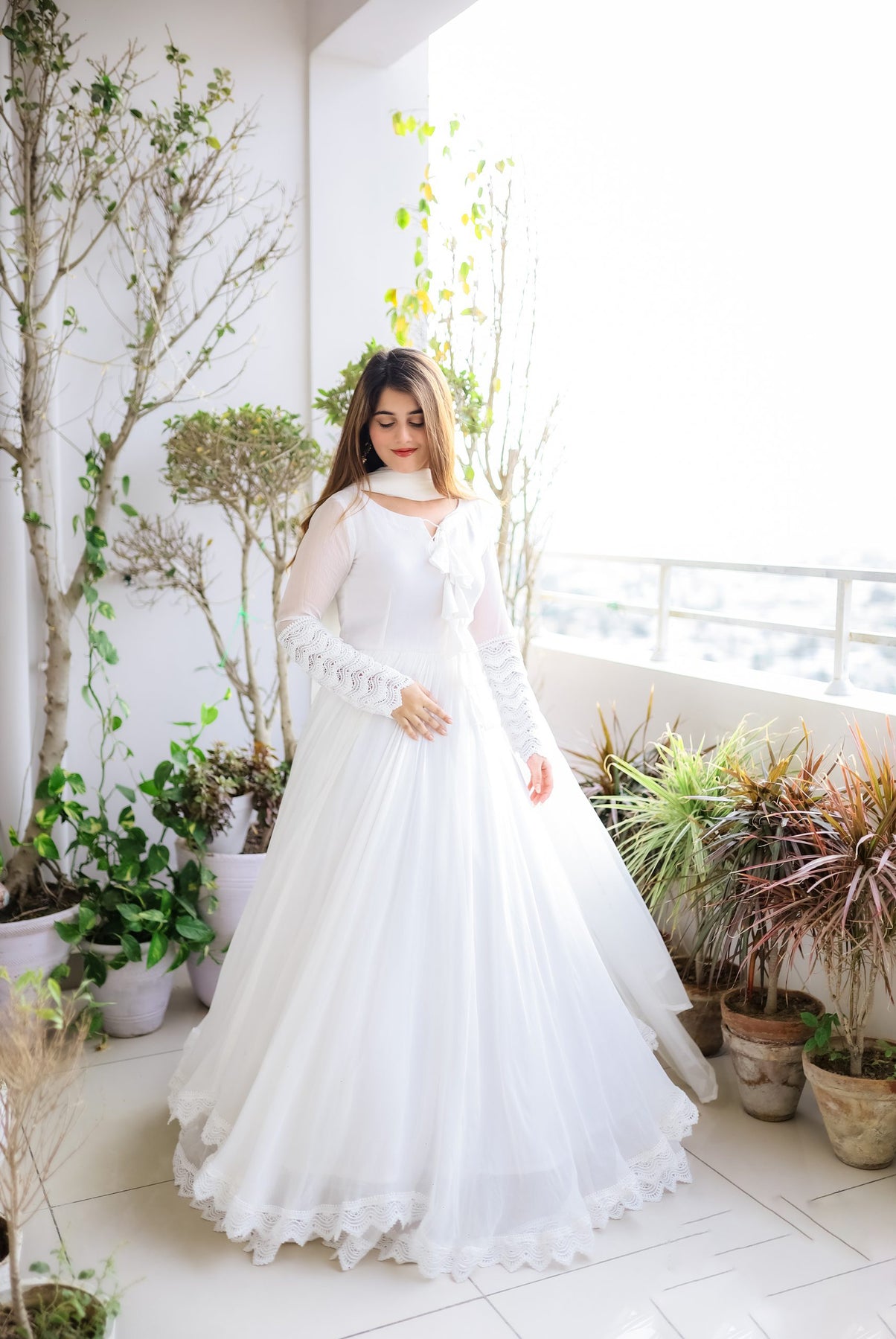 White Long Flair Double Layered Anarkali With Dupatta