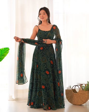 Mehendi Green Georgette Print Anarkali Suit Set