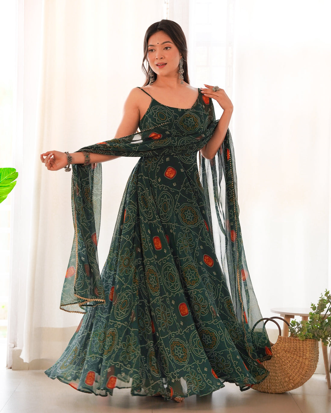 Mehendi Green Georgette Print Anarkali Suit Set