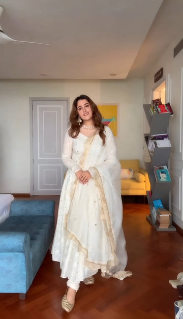 Off White Lucknowi Faux Blooming Anarkali Suit Set