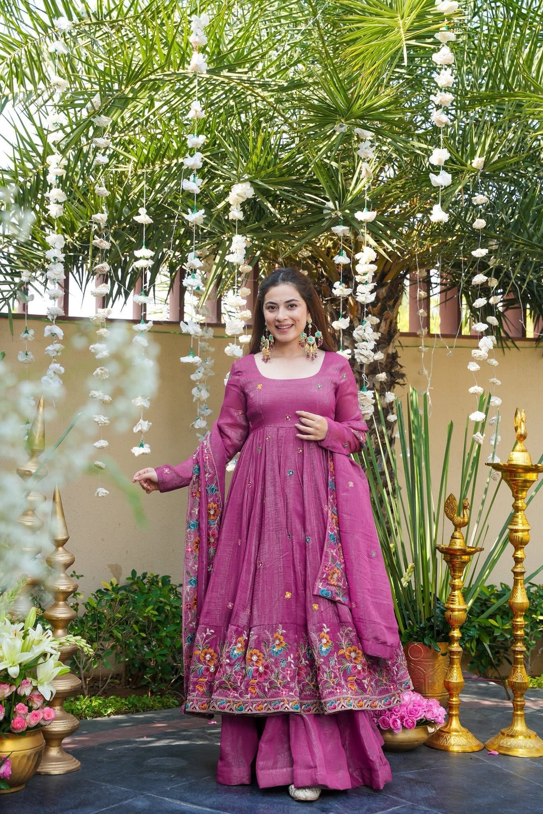 Dusty Rose Pink Crunchy Silk Anarkali Palazzo Suit Set