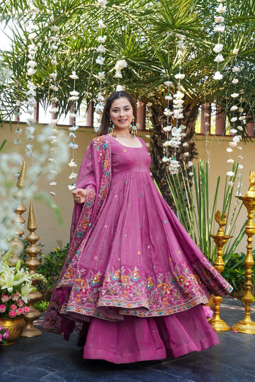 Dusty Rose Pink Crunchy Silk Anarkali Palazzo Suit Set