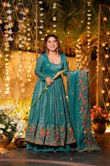 Rama  Green  Shades Crunchy Silk Slit Anarkali Palazzo Suit Set