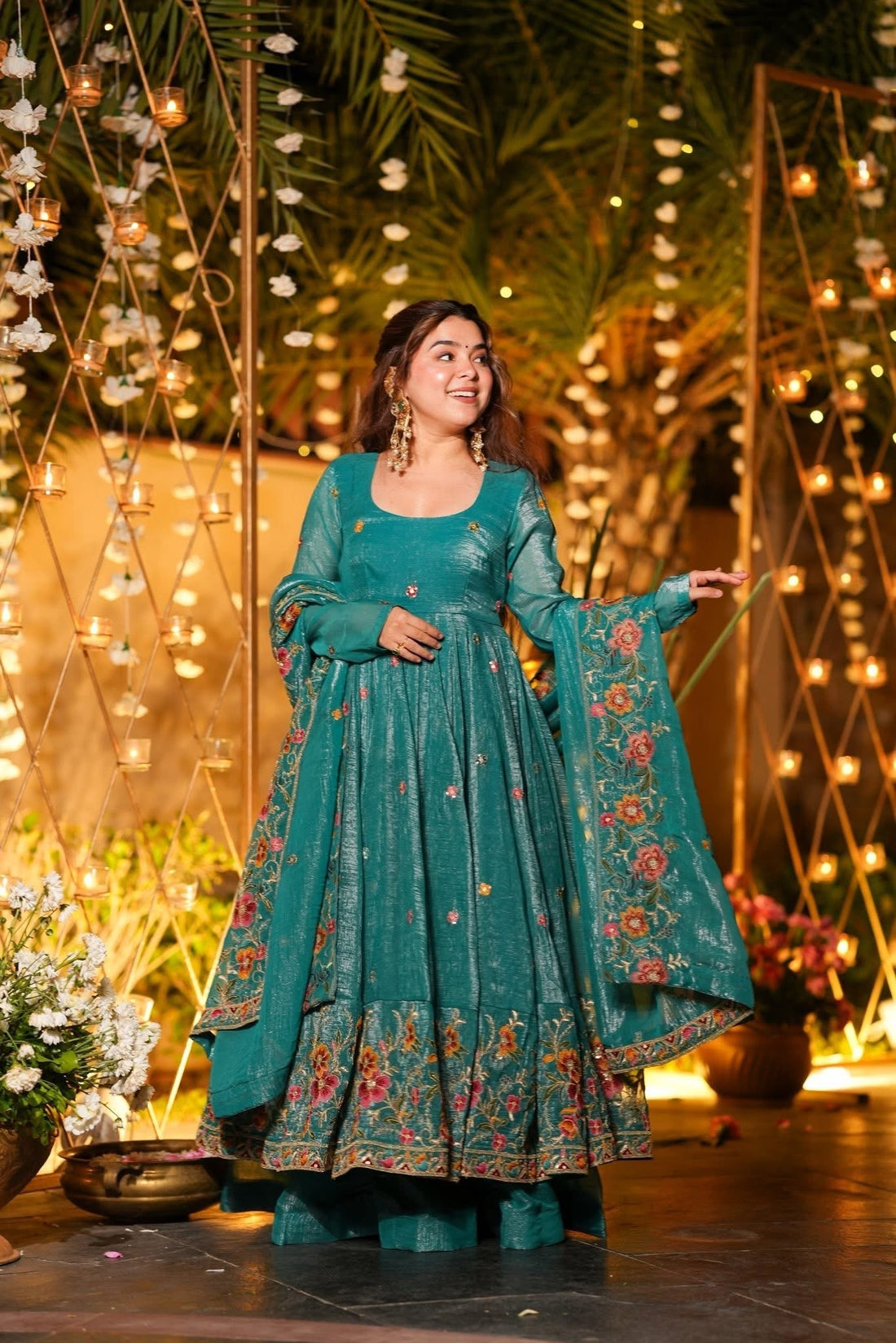 Rama  Green  Shades Crunchy Silk Slit Anarkali Palazzo Suit Set