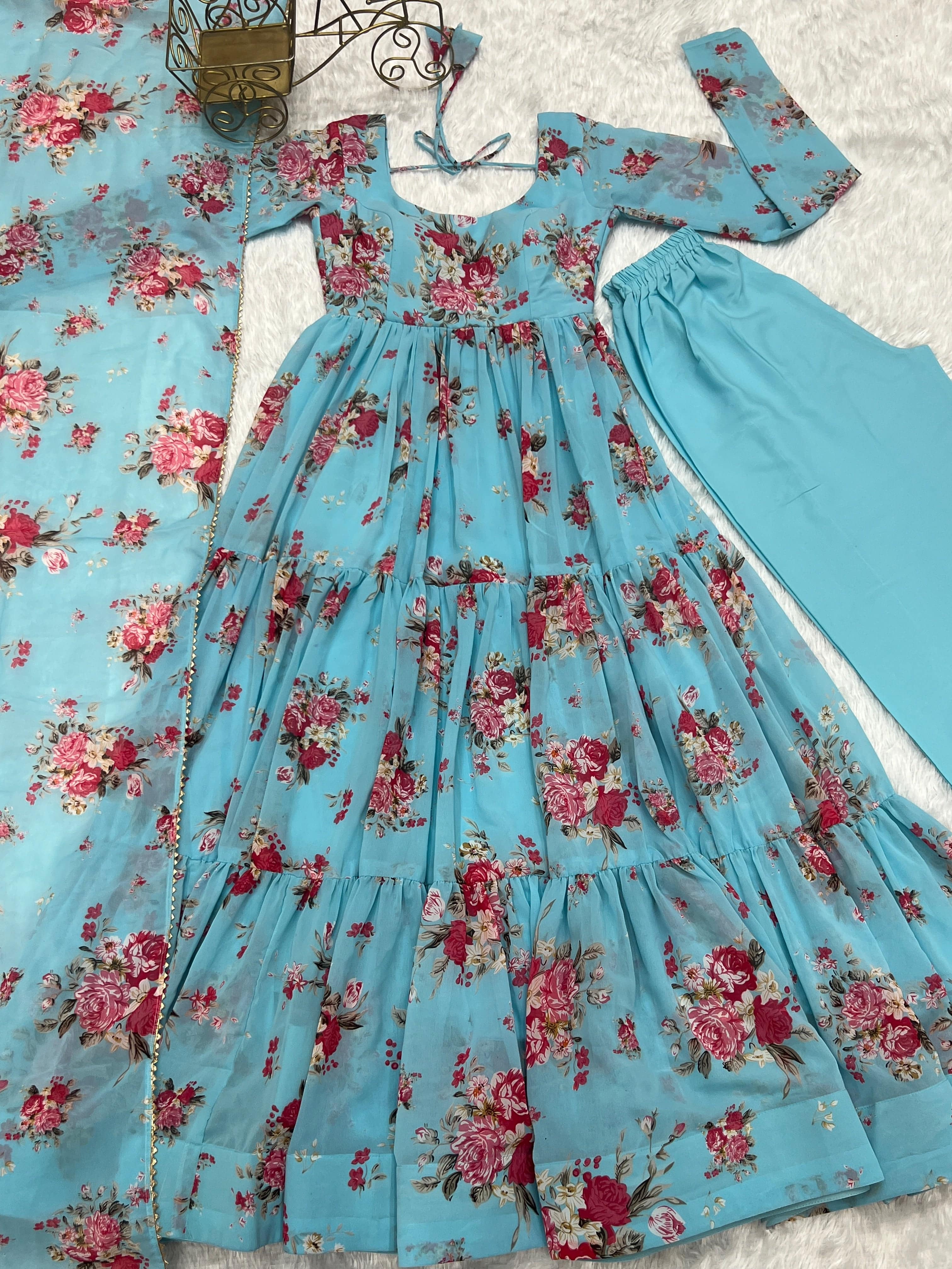 Radiant Sky Blue Floral Printed Fully Stitched Anarkali Pant Suit