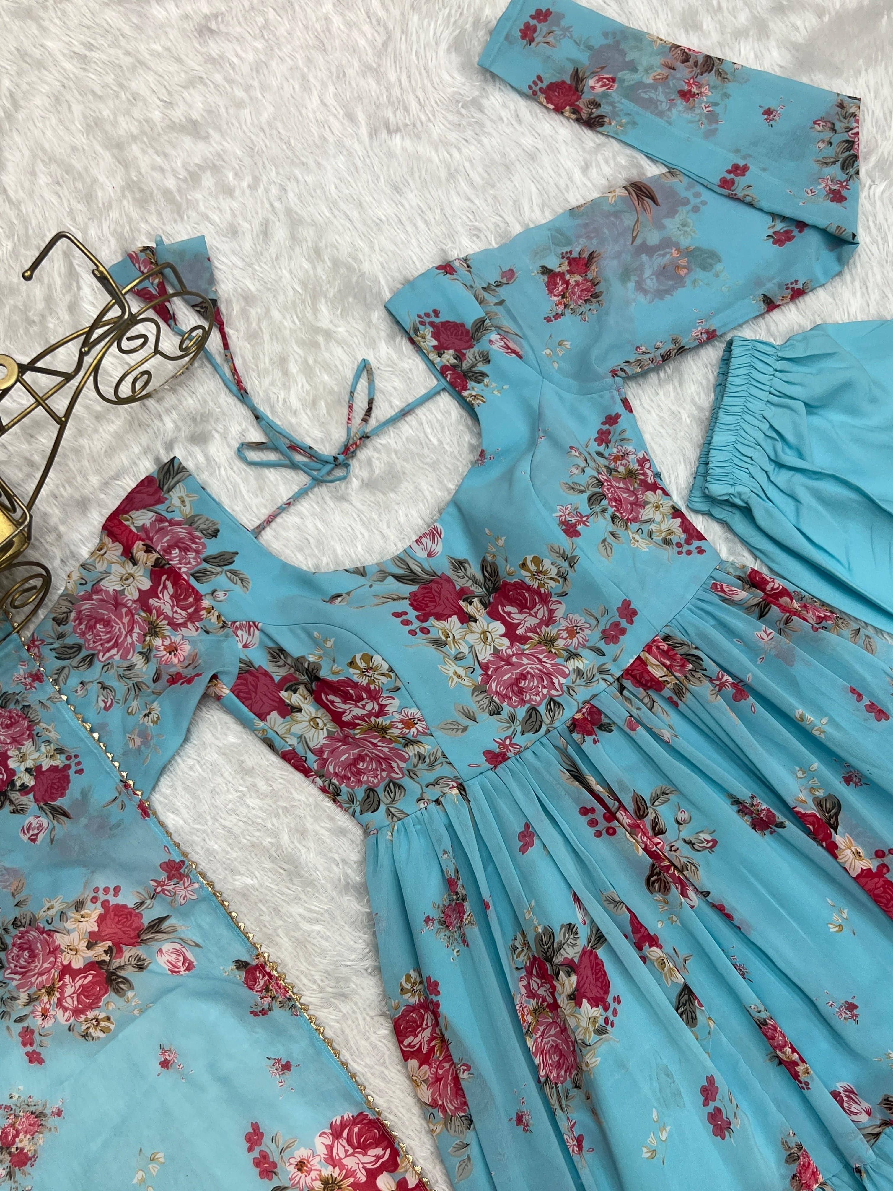 Radiant Sky Blue Floral Printed Fully Stitched Anarkali Pant Suit